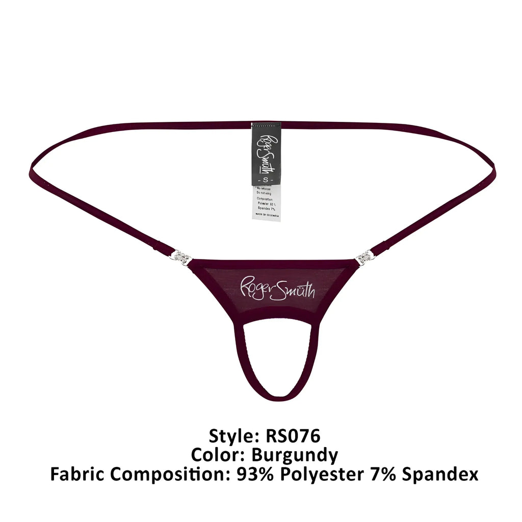 Burgundy Roger Smith RS076 ball lifter thong with sheer mesh front panel and silver rhinestone hip straps