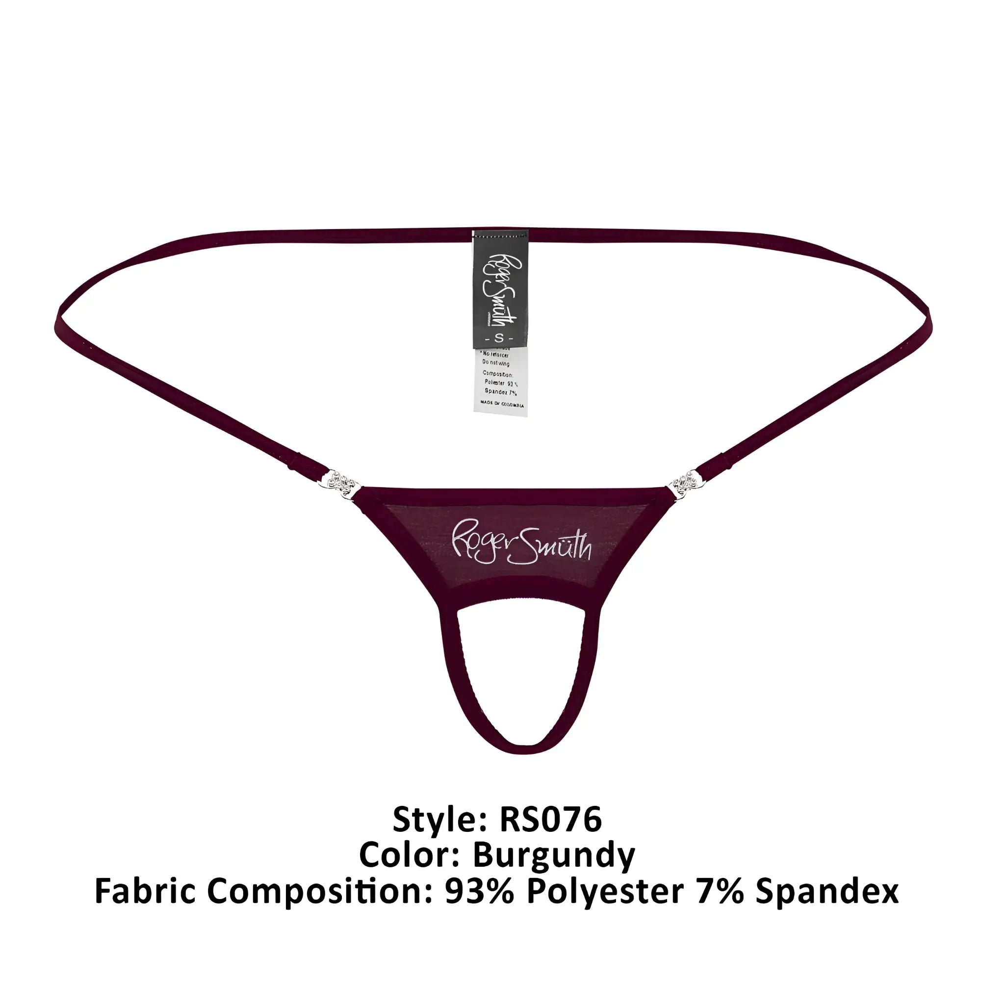 Burgundy Roger Smith RS076 ball lifter thong with sheer mesh front panel and silver rhinestone hip straps