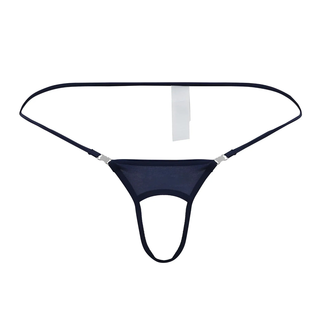 Roger Smuth RS076 ball lifter in navy mesh thong with thin straps and silver-toned metal clasps front view