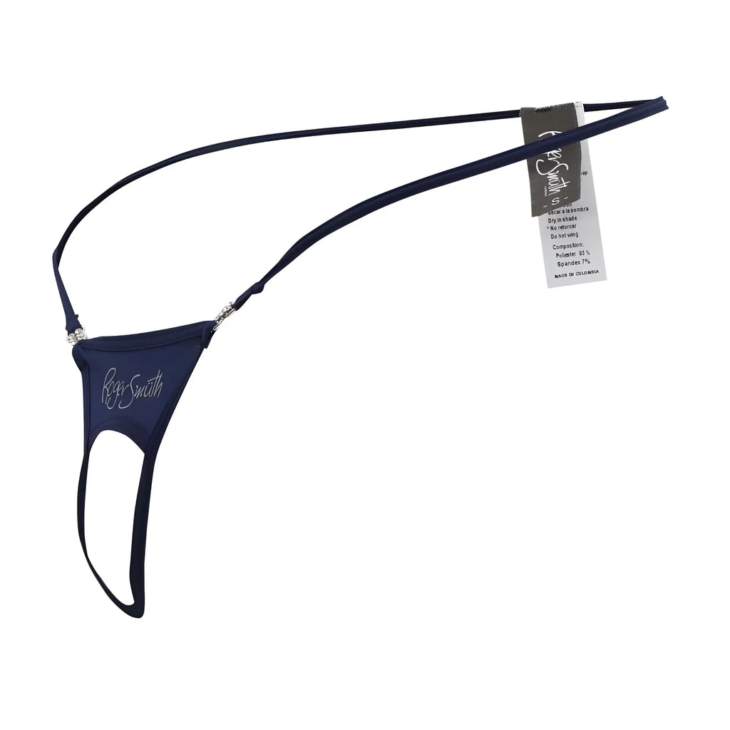 Navy blue lace thong Roger Smith RS076 ball lifter with silver embroidered logo and crystal embellishments