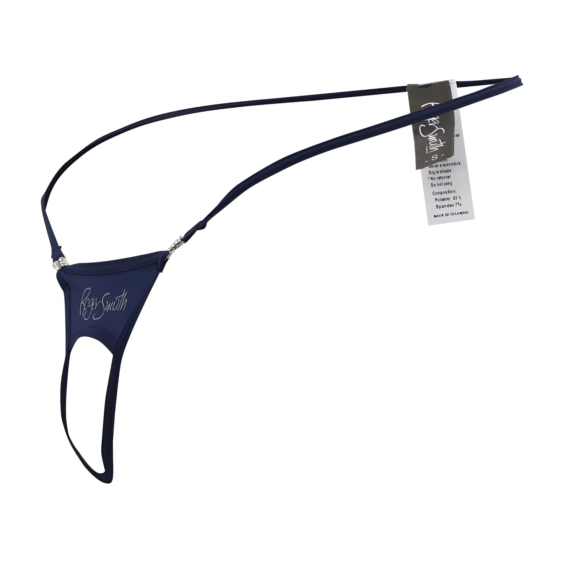 Navy blue lace thong Roger Smith RS076 ball lifter with silver embroidered logo and crystal embellishments
