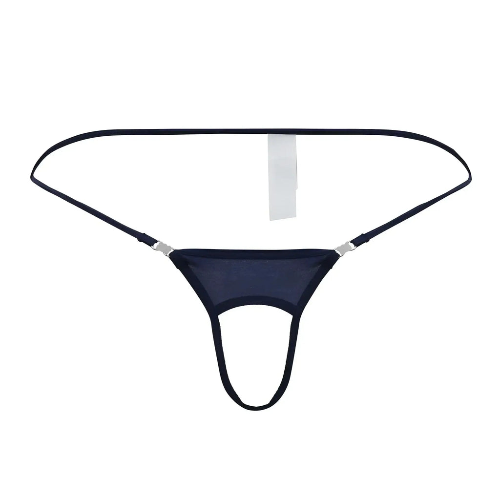 Roger Smuth RS076 ball lifter in navy mesh thong with thin straps and silver-toned metal clasps front view
