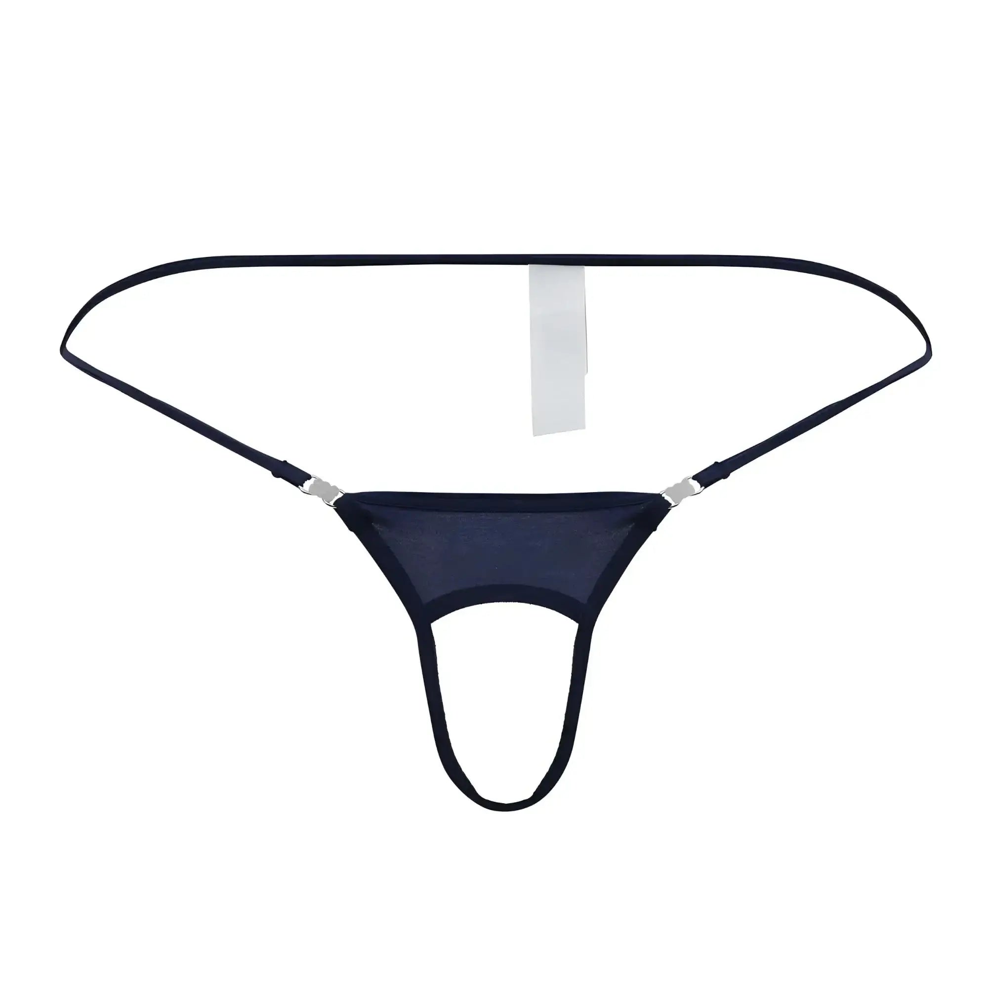 Roger Smuth RS076 ball lifter in navy mesh thong with thin straps and silver-toned metal clasps front view