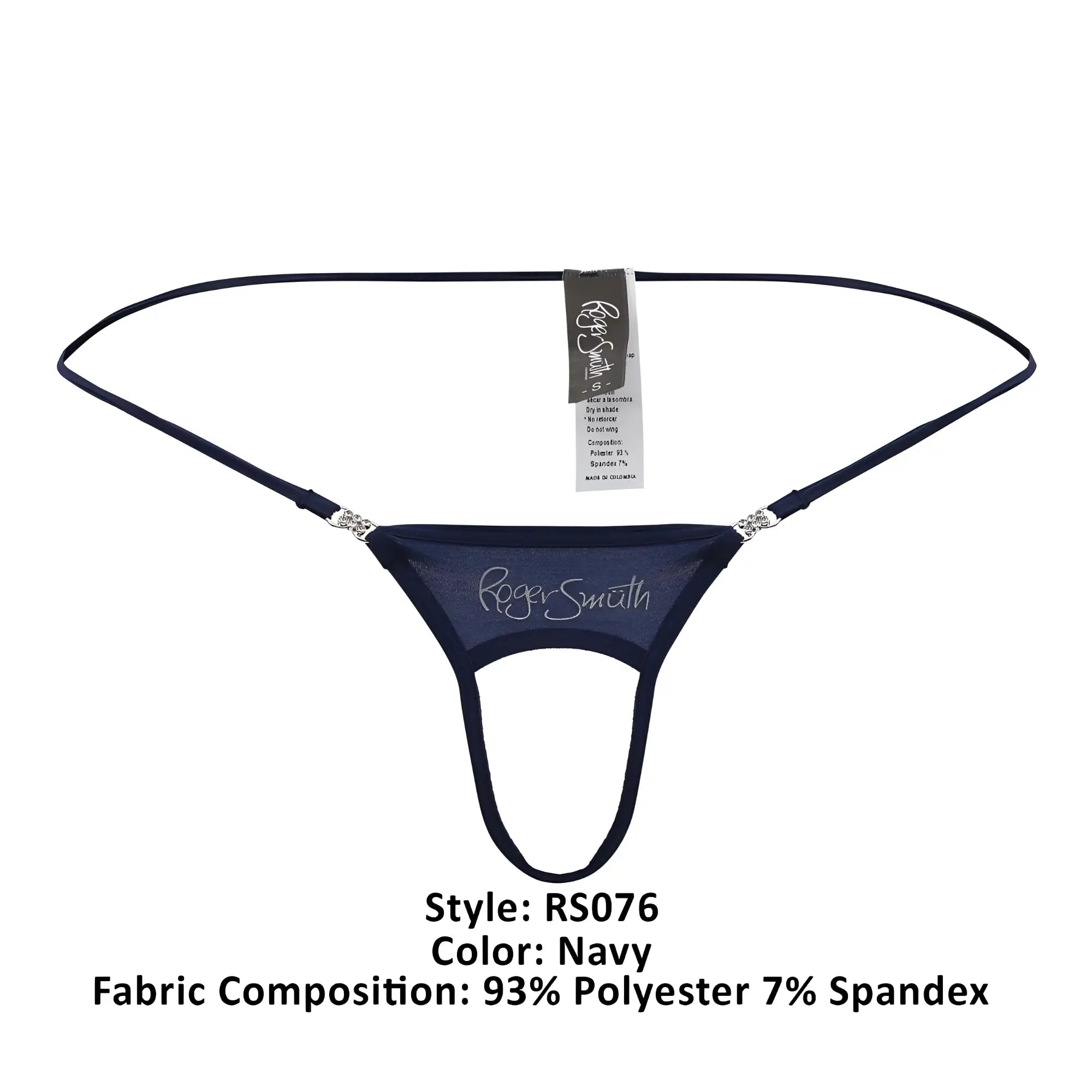 Navy roger smith rs076 ball lifter thong with sheer mesh fabric and silver rhinestone accents at the gusset