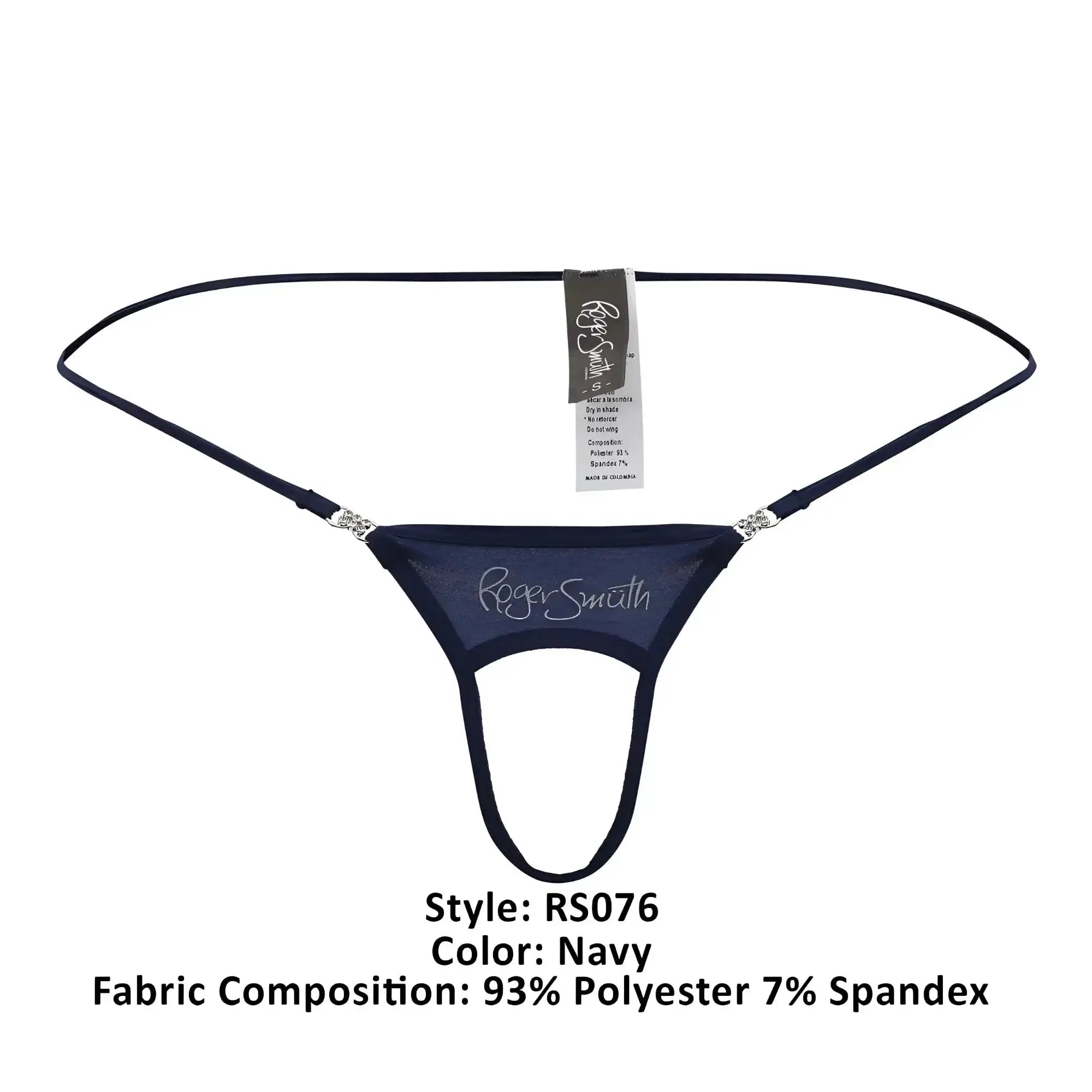 Navy roger smith rs076 ball lifter thong with sheer mesh fabric and silver rhinestone accents at the gusset