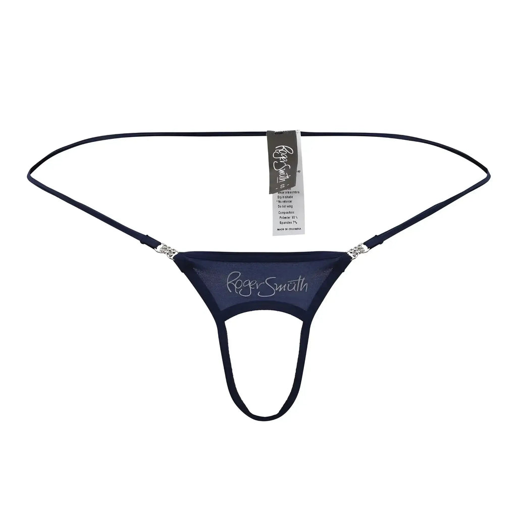 Navy roger smith rs076 ball lifter thong with sheer mesh fabric and silver rhinestone accents at hip straps back view