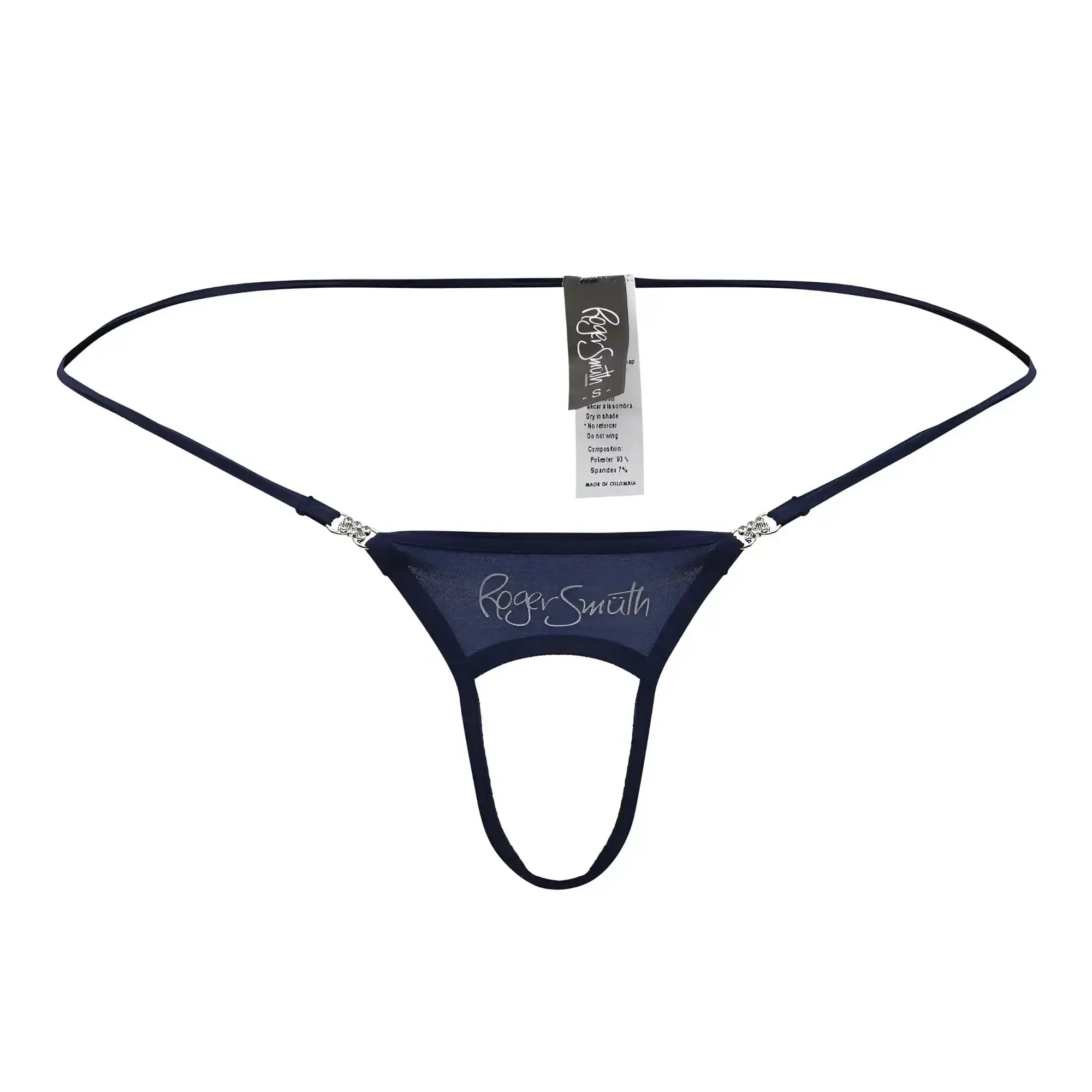 Navy roger smith rs076 ball lifter thong with sheer mesh fabric and silver rhinestone accents at hip straps back view