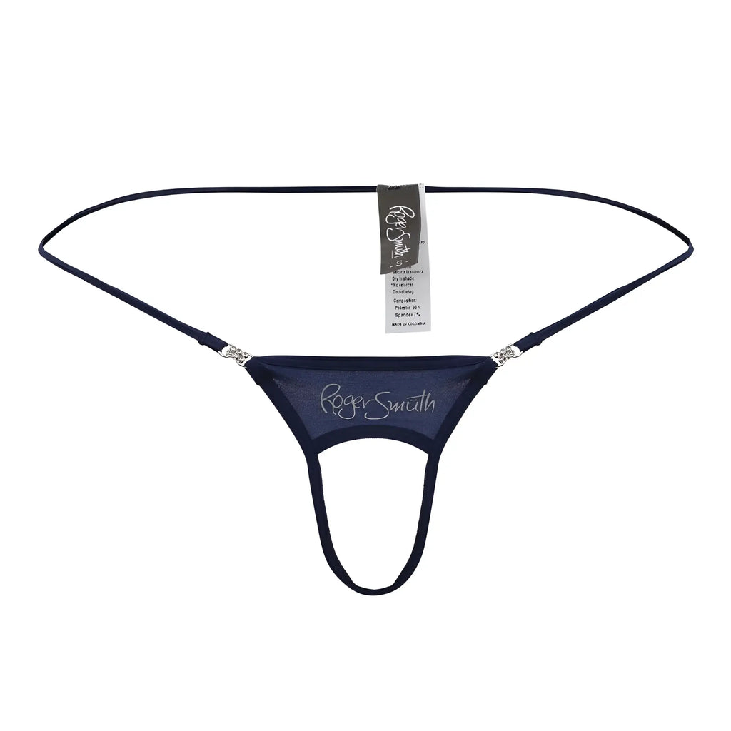 Navy roger smith rs076 ball lifter thong with sheer mesh fabric and silver rhinestone accents at hip straps back view