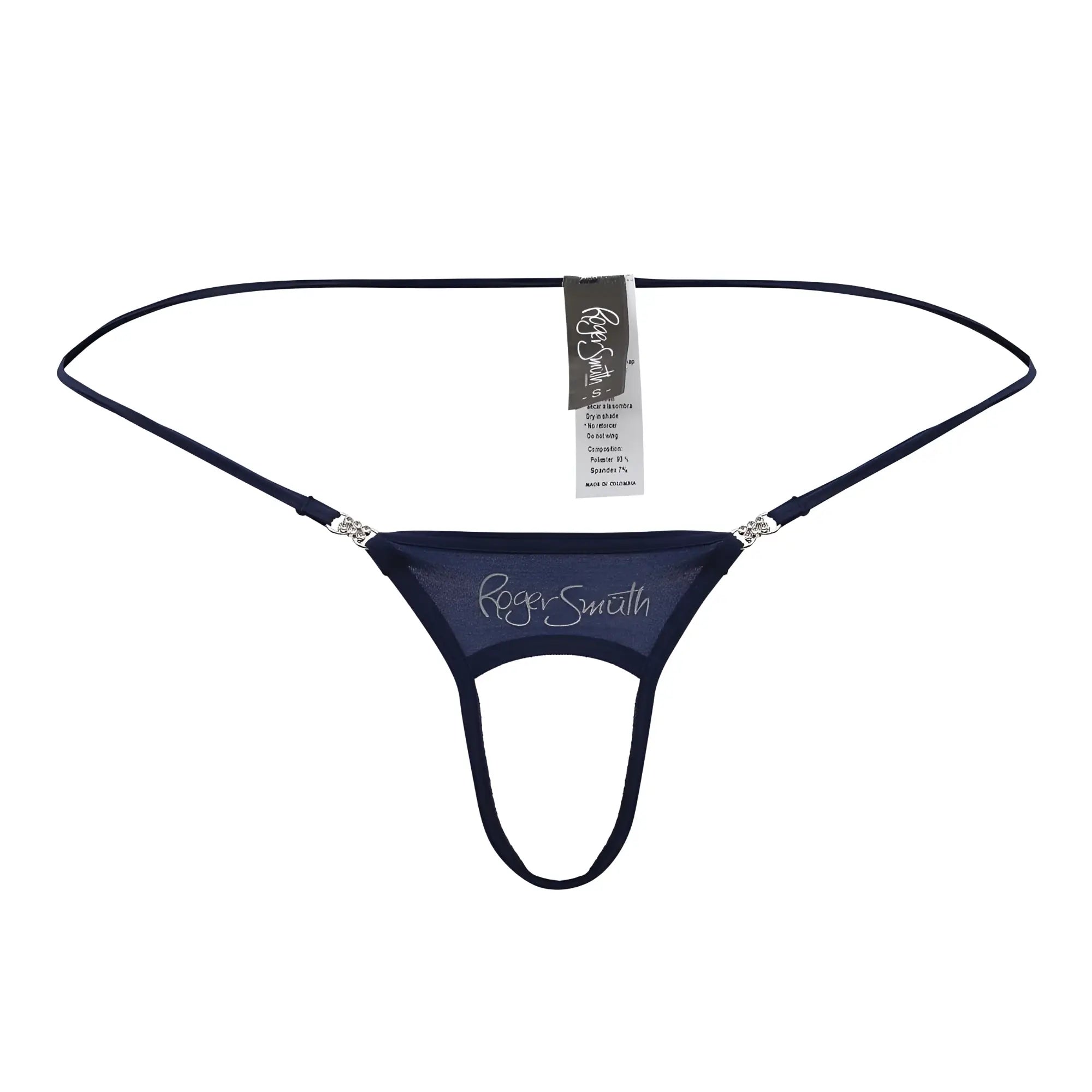 Navy roger smith rs076 ball lifter thong with sheer mesh fabric and silver rhinestone accents at hip straps back view
