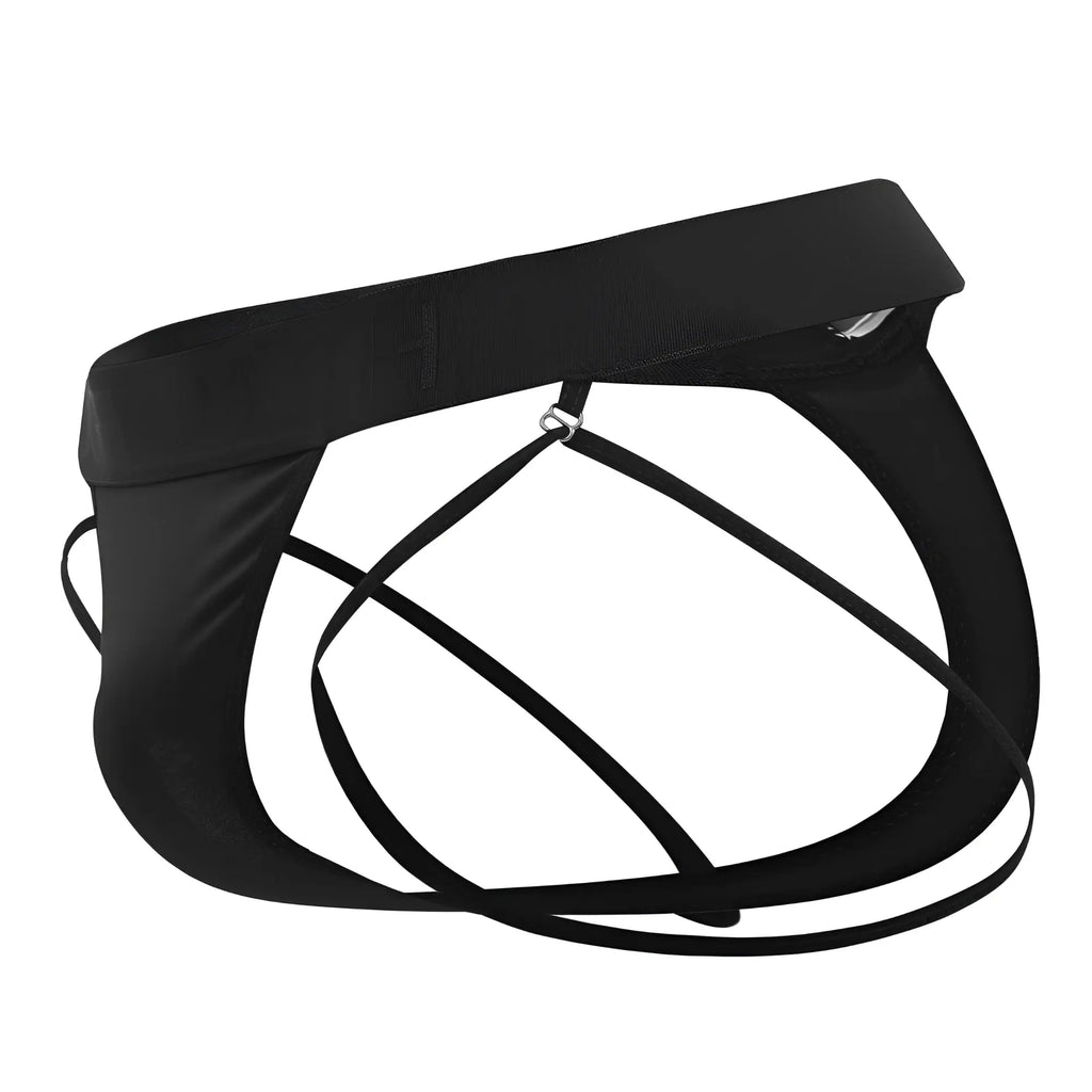 Black satin-like roger smuth rs077 thong with thin crisscross straps and wide waistband in front view