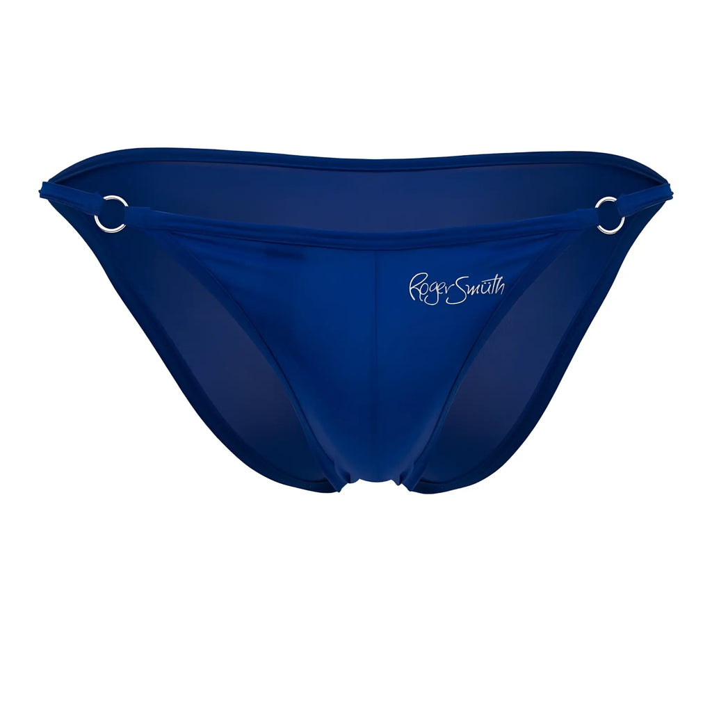 Deep blue Roger Smith RS084 bikini bottom with sheer form-fitting design and silver metal rings at the sides