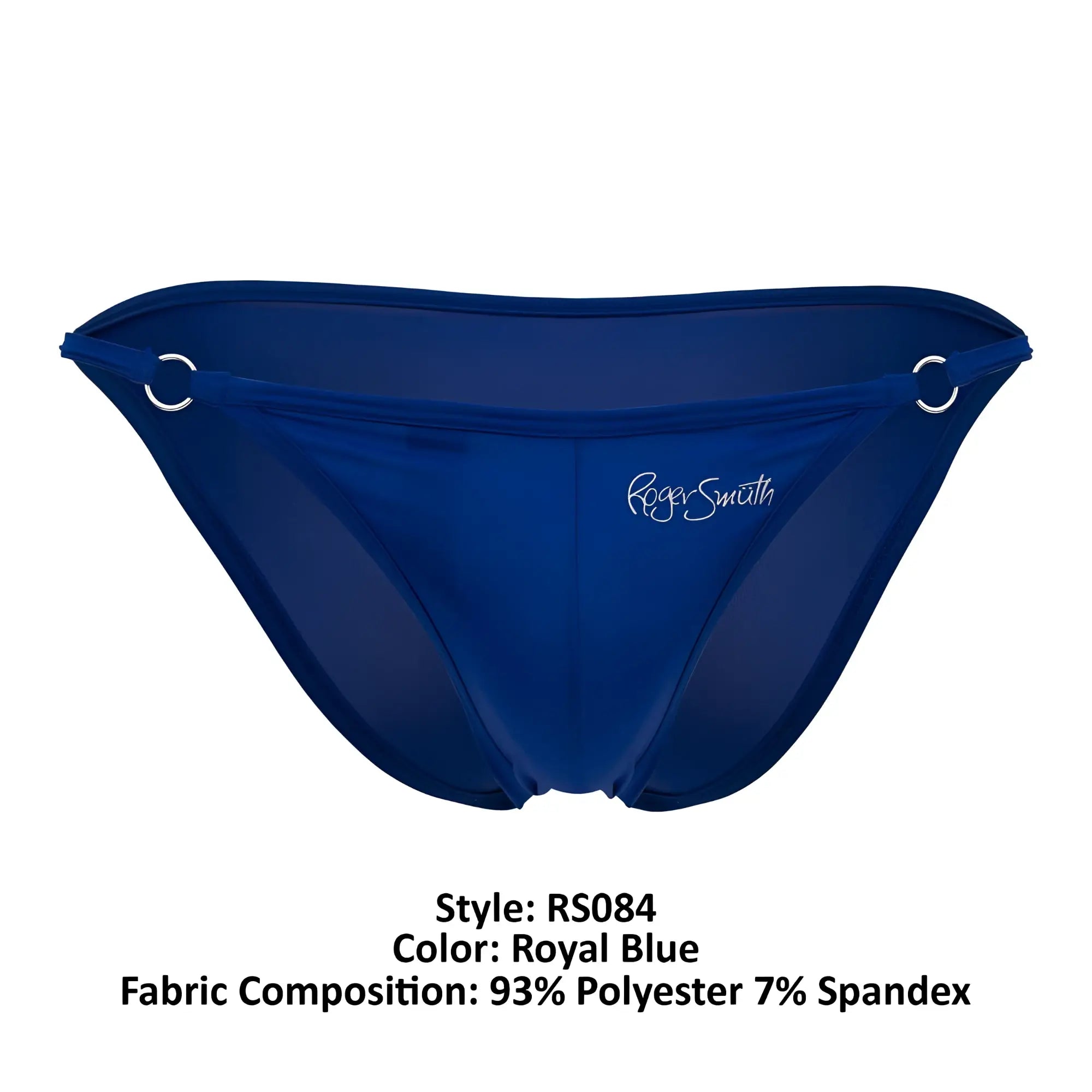 Royal blue roger smith rs084 bikini bottom with sheer form-fitting fabric and silver metal rings at the sides