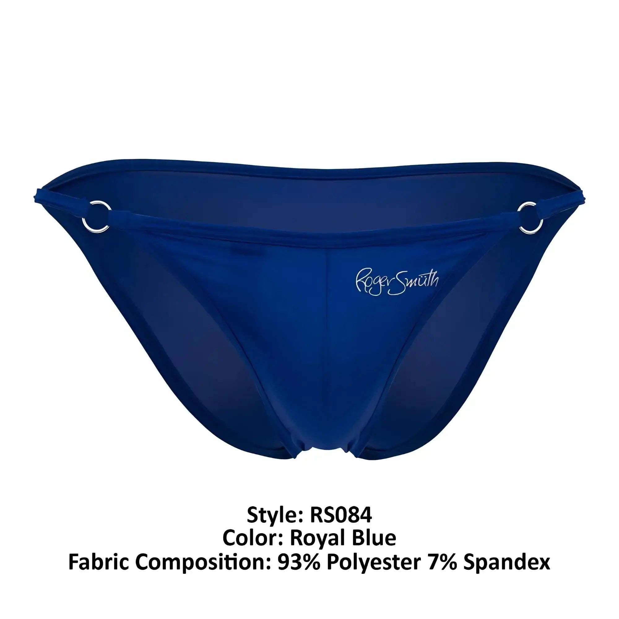Royal blue roger smith rs084 bikini bottom with sheer form-fitting fabric and silver metal rings at the sides