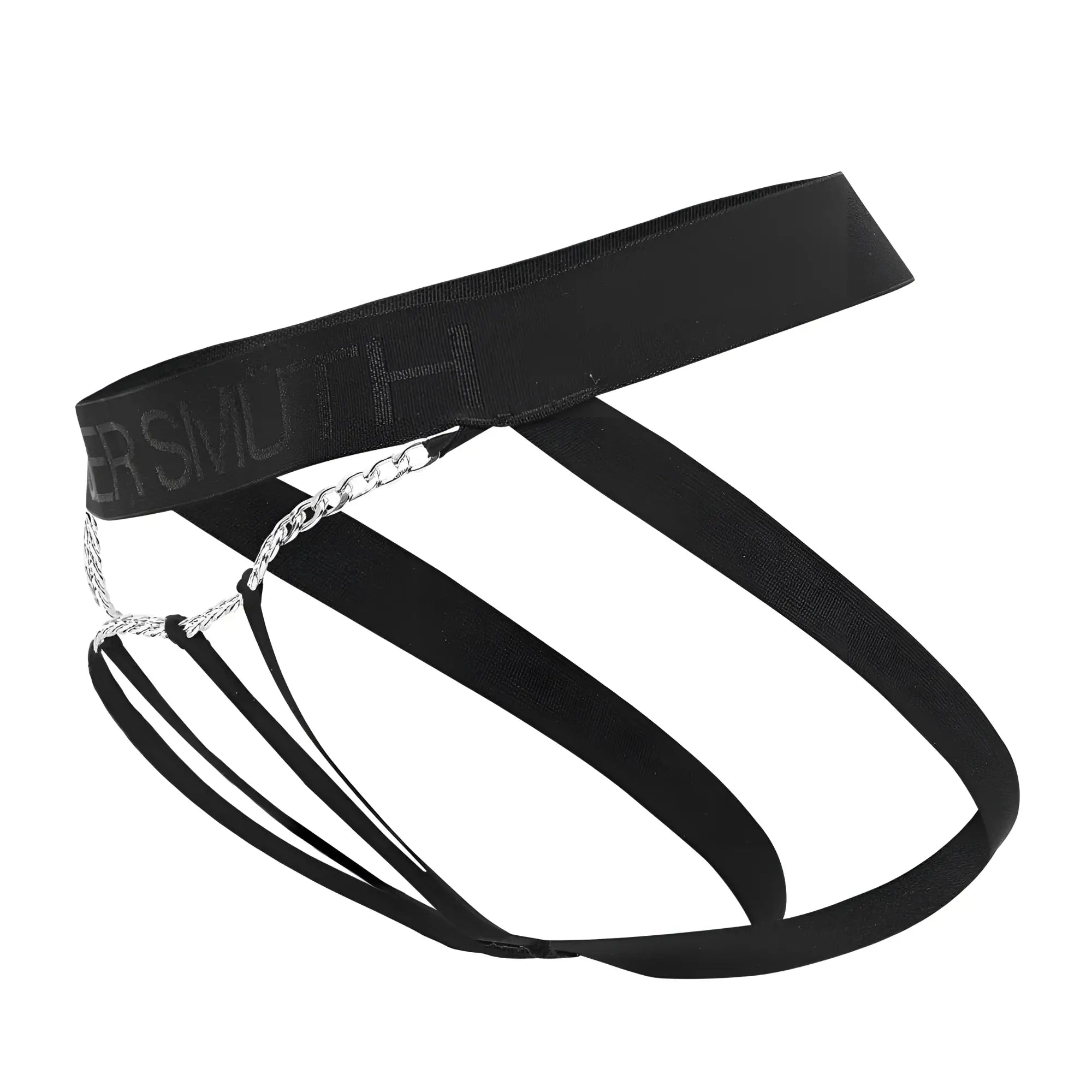 Black elastic briefs with silver chain detail and ersmoth branded waistband from roger smuth rs086 jock-thong color black