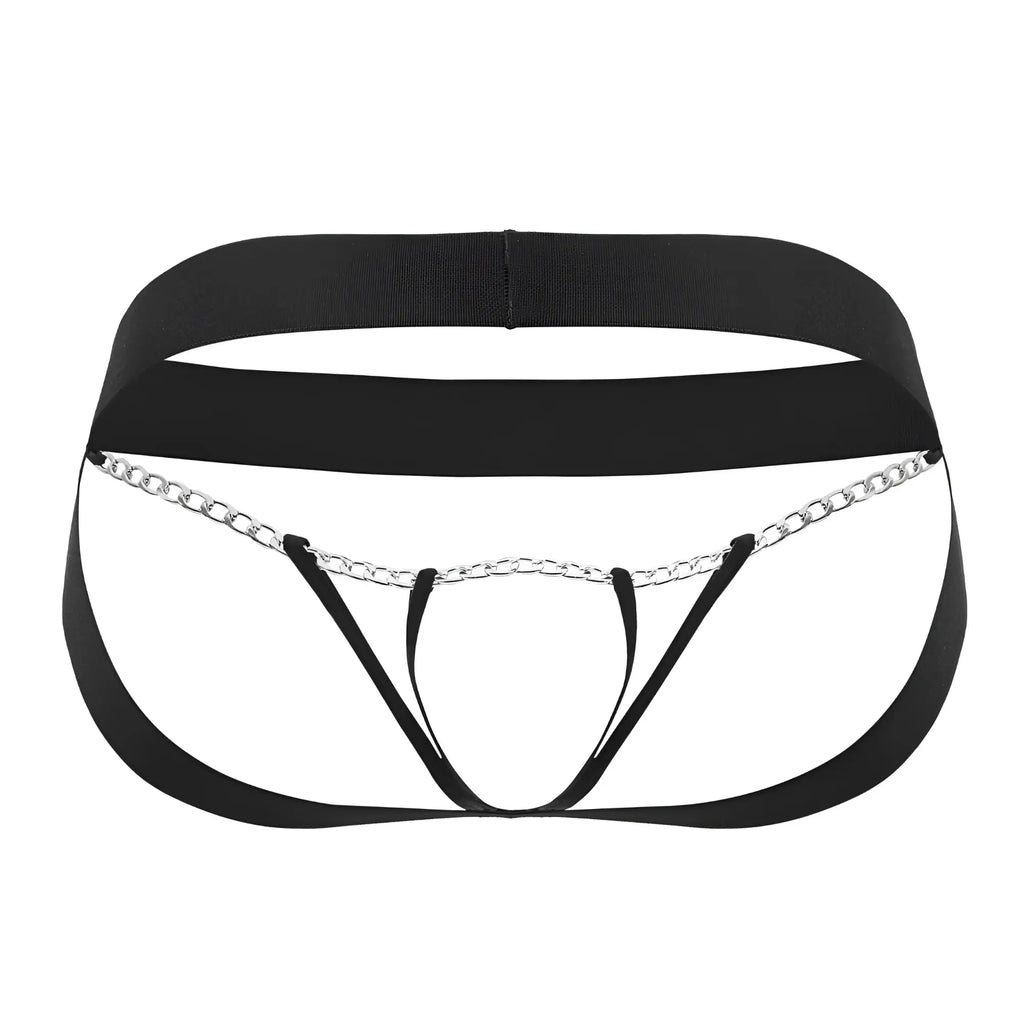 Black elastic waistband and leg straps with silver chain detail on roger smuth rs086 jock-thong color black
