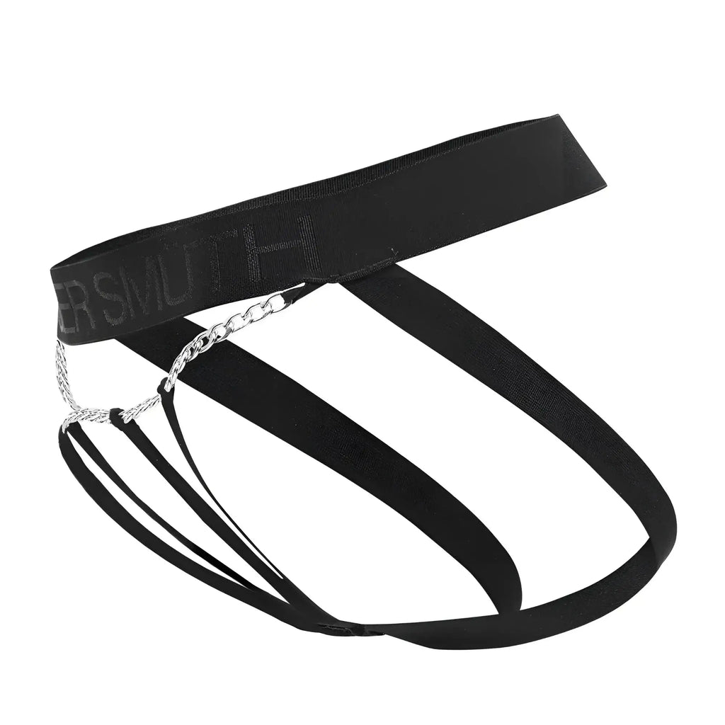 Black elastic briefs with silver chain detail and ersmoth branded waistband from roger smuth rs086 jock-thong color black