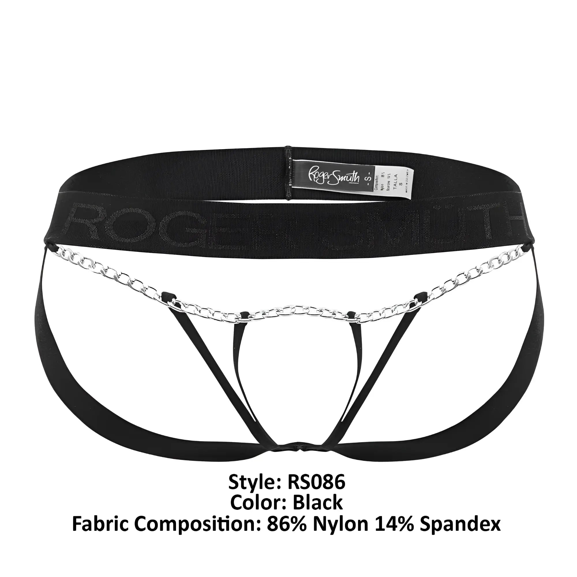 Black Roger Smith RS086 men’s briefs with silver chain detail across the front in jock-thong style color black