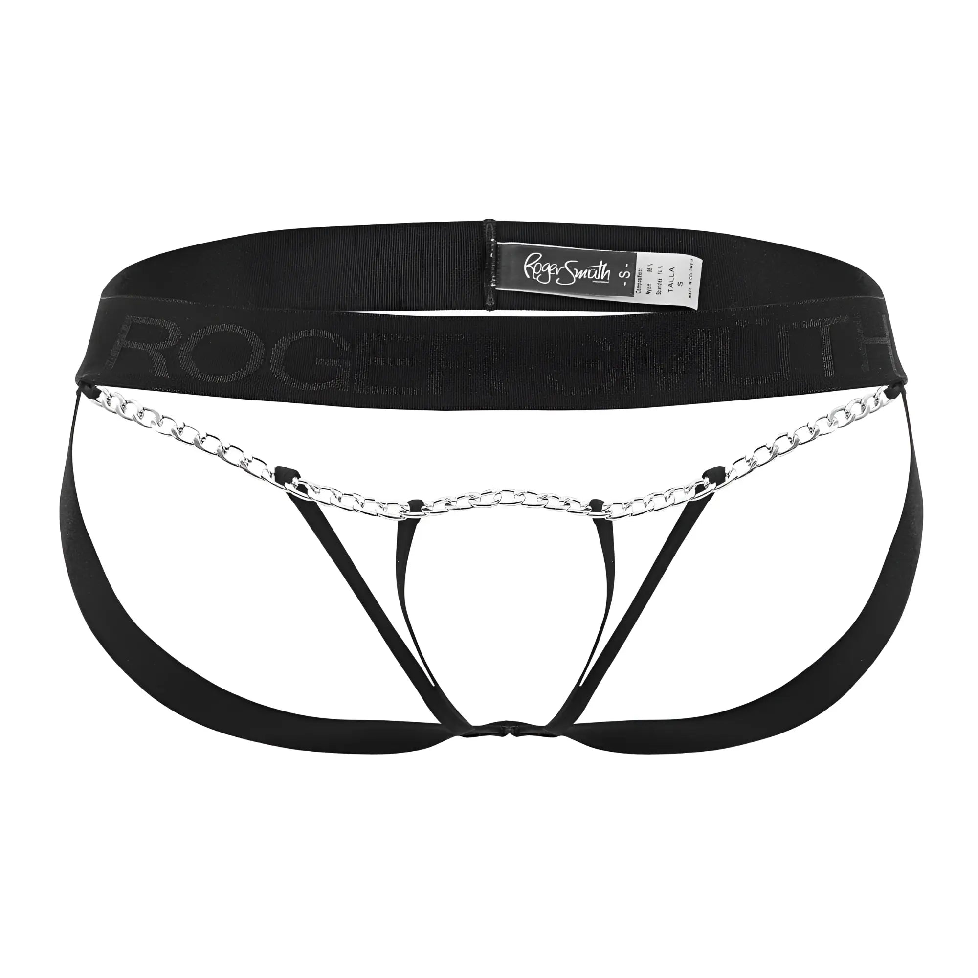 Black roger smith rs086 jock-thong briefs with silver chain detail across the front in comfortable fabric