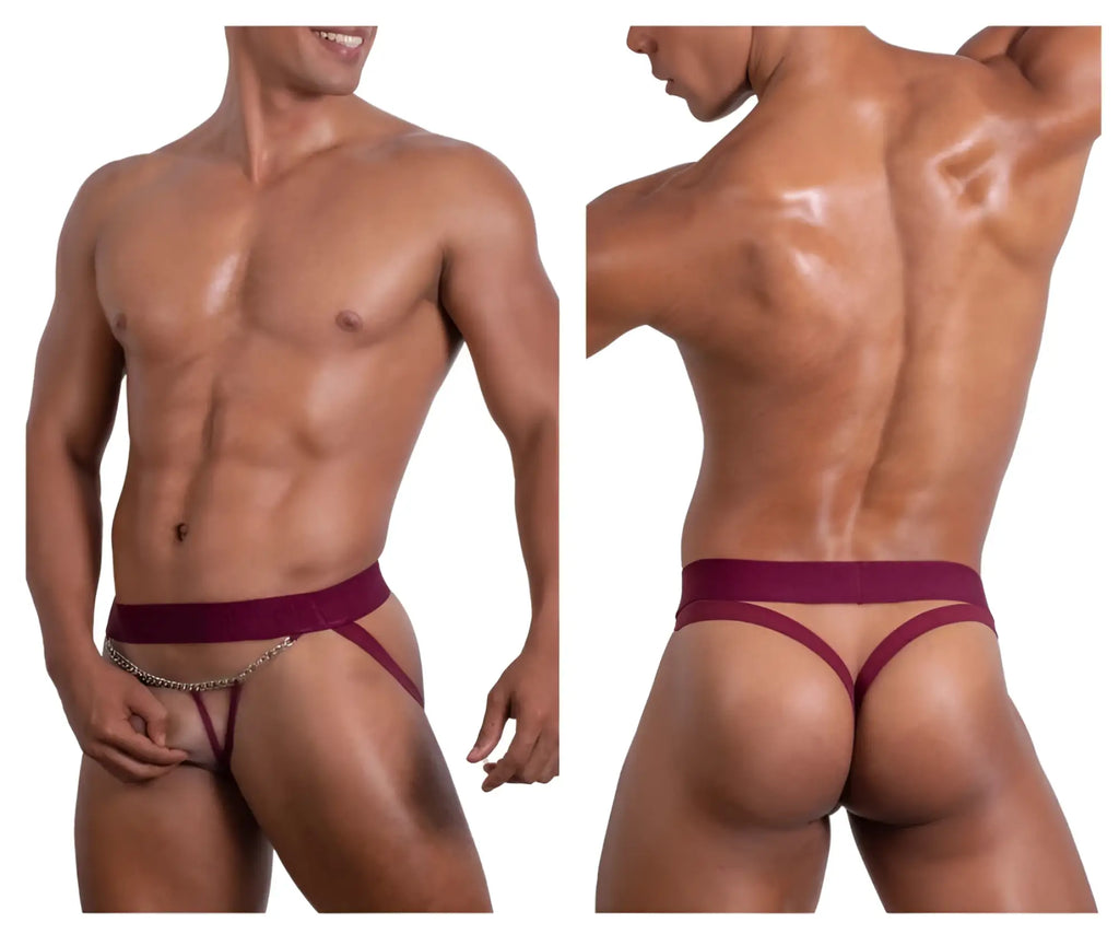 Roger smuth rs086 jock-thong in burgundy with chain detail shown from the back side