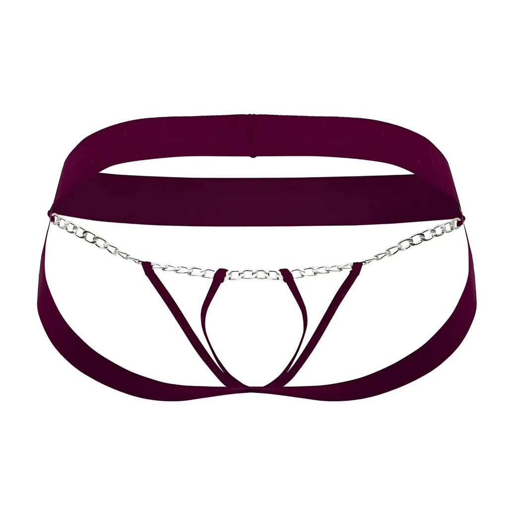 Maroon satin thong with silver chain detailing by roger smuth rs086 jock-thong burgundy color front view