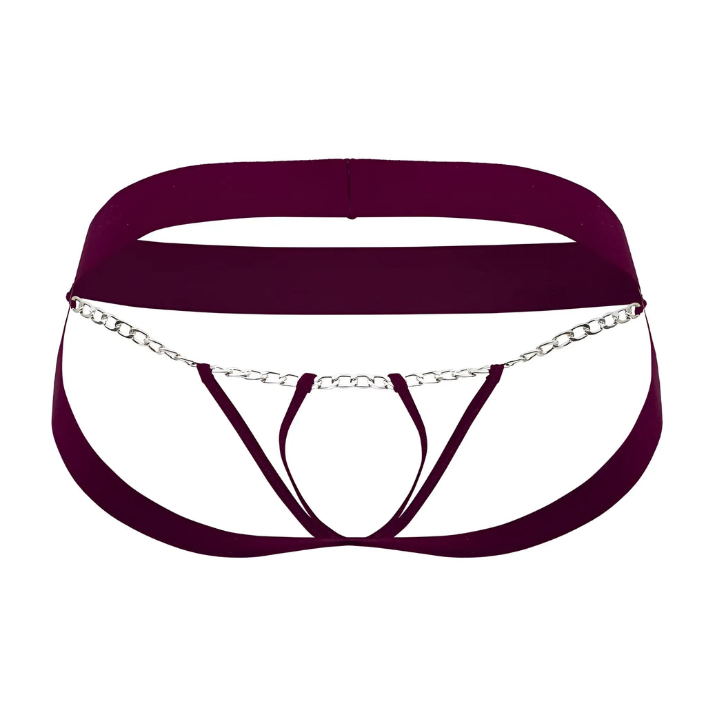 Maroon satin thong with silver chain detailing by roger smuth rs086 jock-thong burgundy color front view