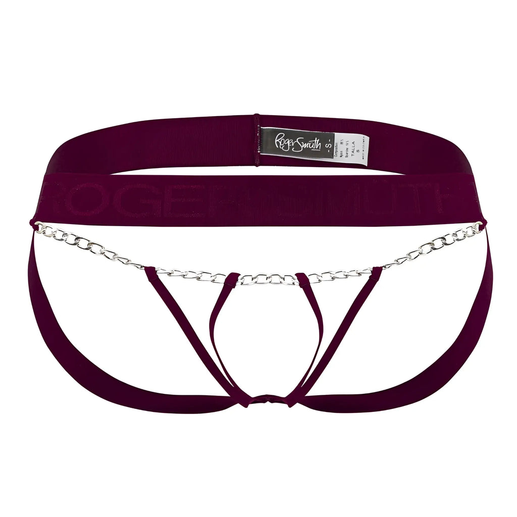 Maroon roger smith rs086 jock-thong briefs with silver-toned metal chain detail across the front