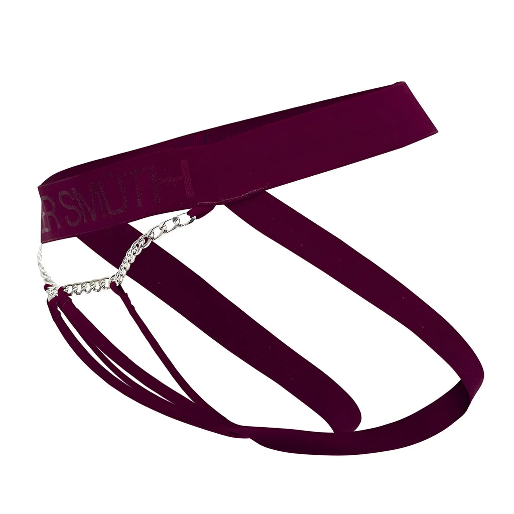 A burgundy velvet choker with silver chain detail and ersmuth branding from the roger smuth rs086 jock-thong collection