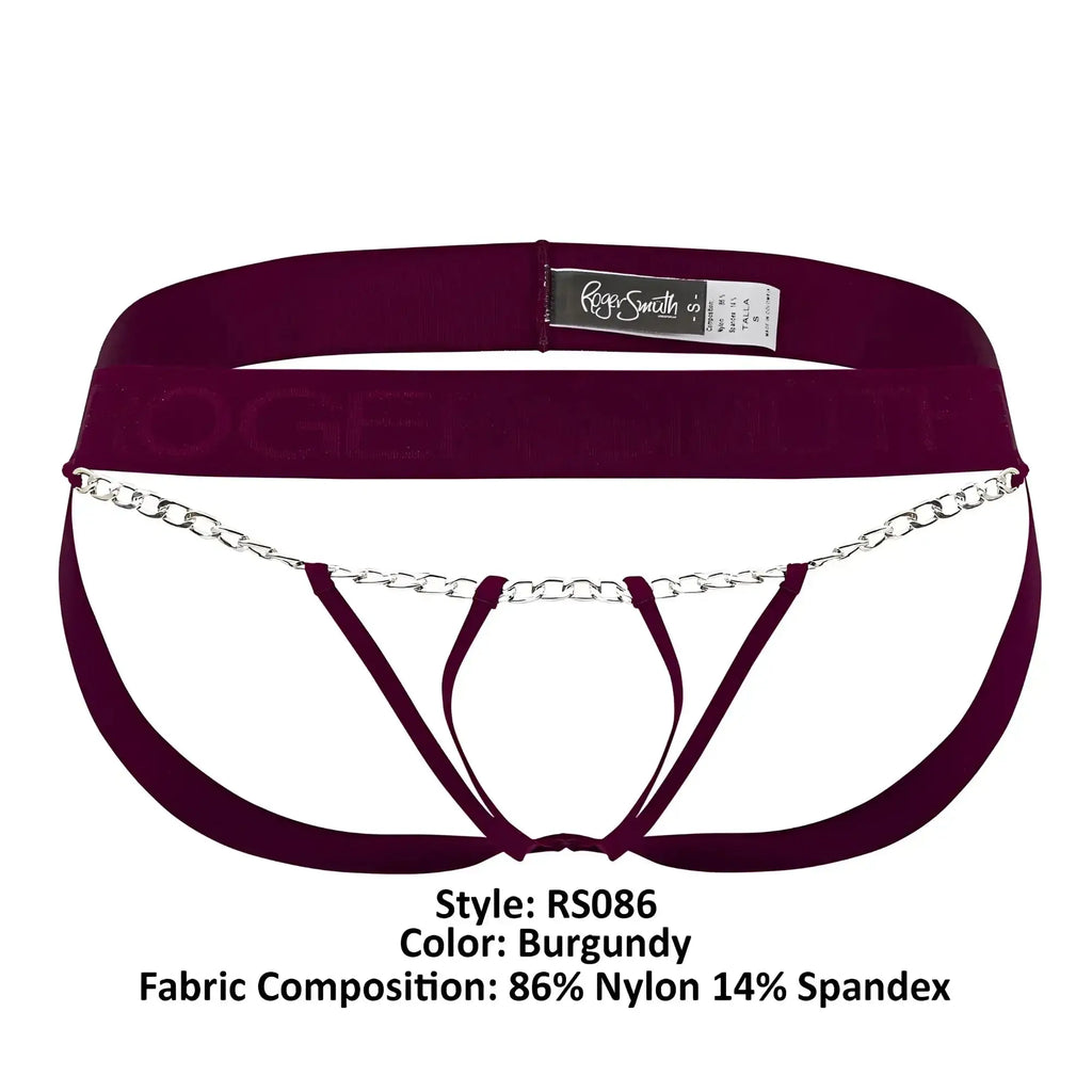 Burgundy nylon and spandex roger smuth rs086 jock-thong briefs with silver chain detail showing front side