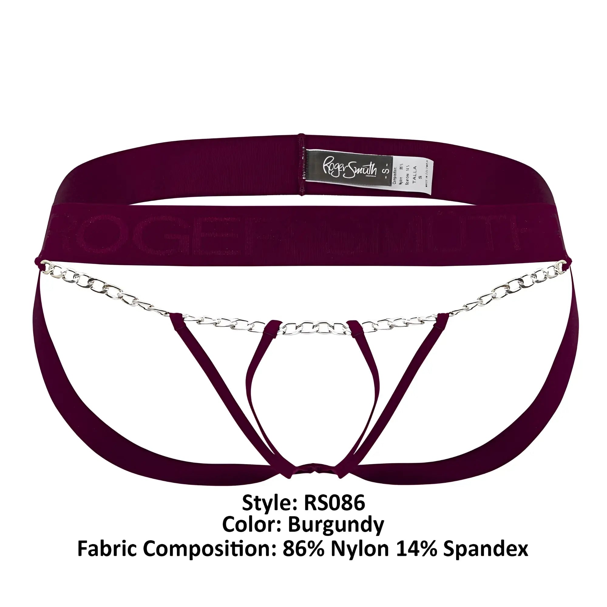 Burgundy nylon and spandex roger smuth rs086 jock-thong briefs with silver chain detail showing front side