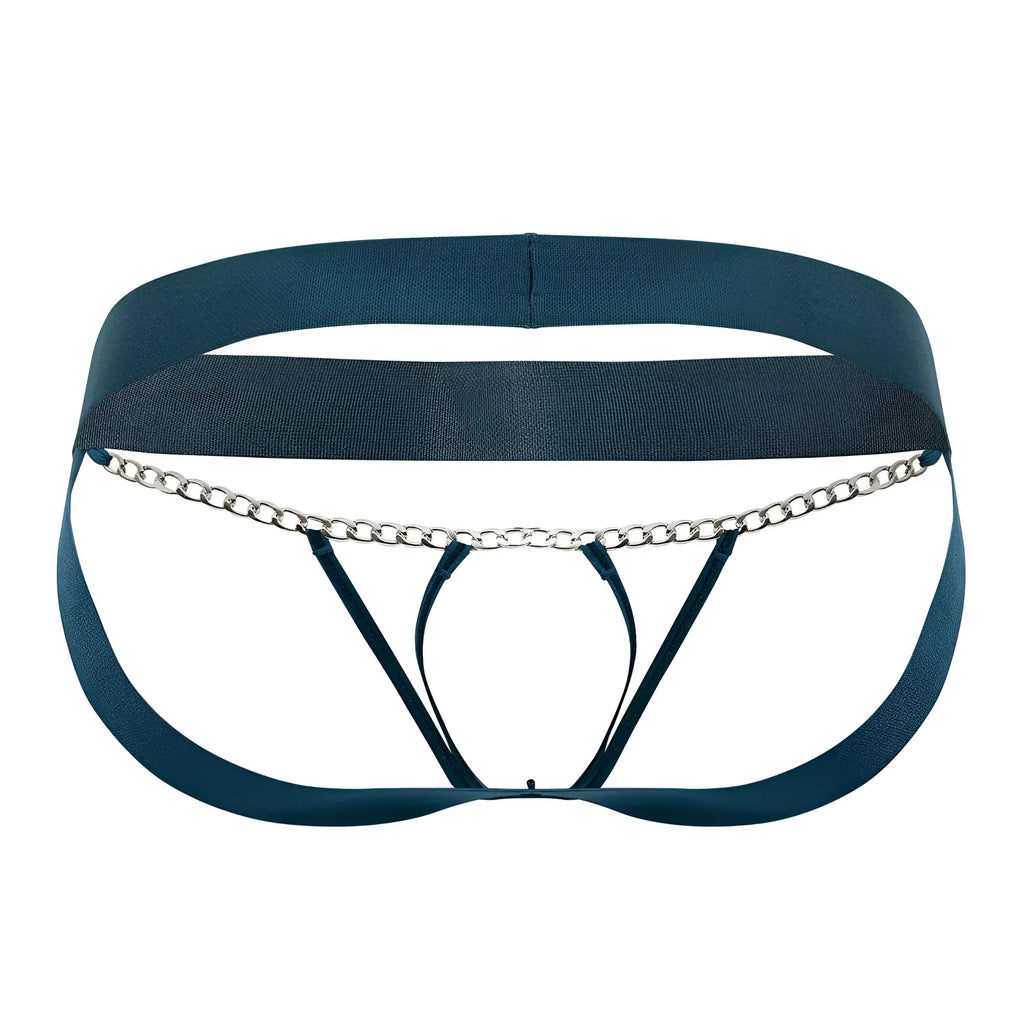 Roger smuth rs086 jock-thong green brief with dark teal elastic waistband and silver chain detail front view
