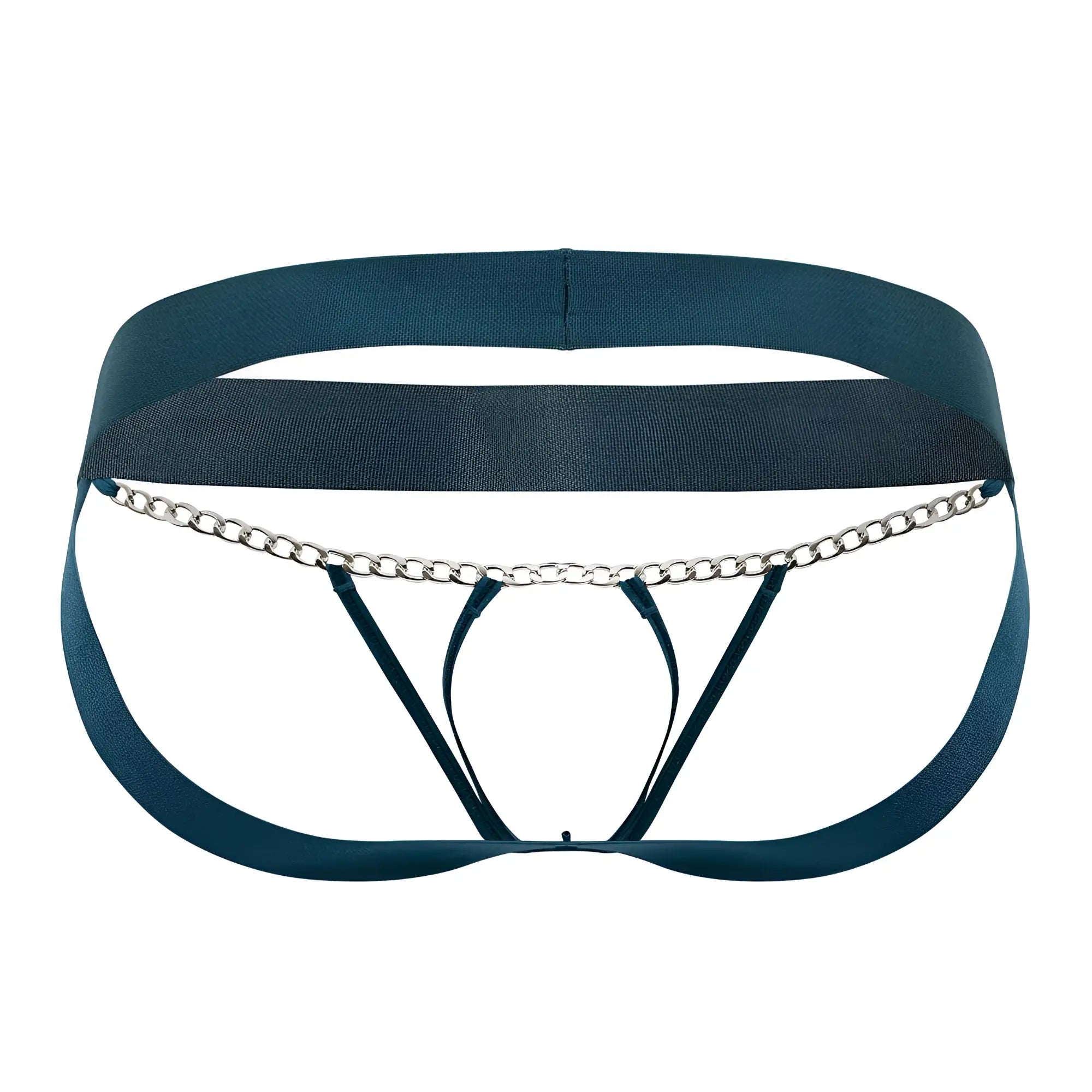 Roger smuth rs086 jock-thong green brief with dark teal elastic waistband and silver chain detail front view