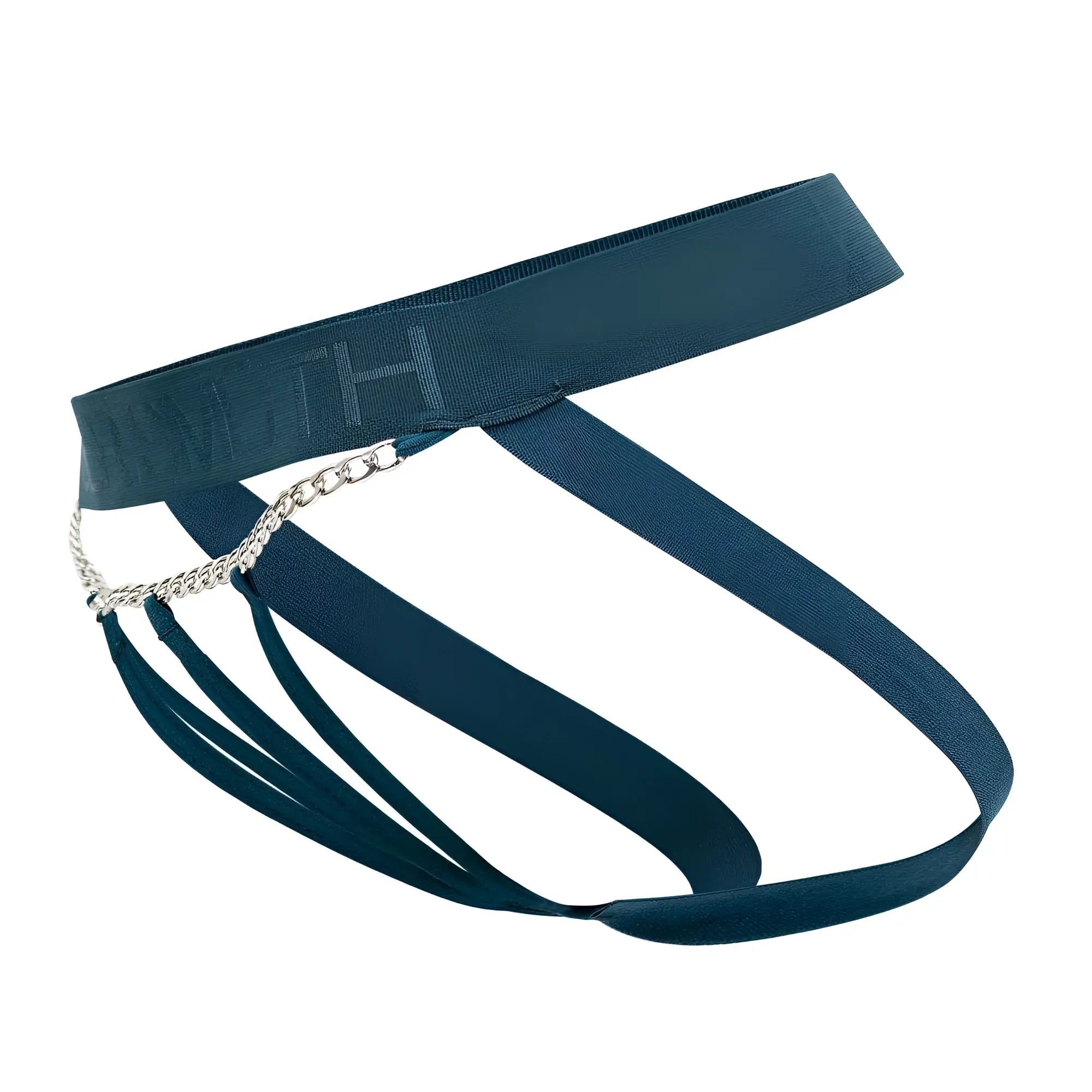 Roger smuth rs086 jock-thong in green with dark teal elastic waistband silver chain and multiple fabric straps