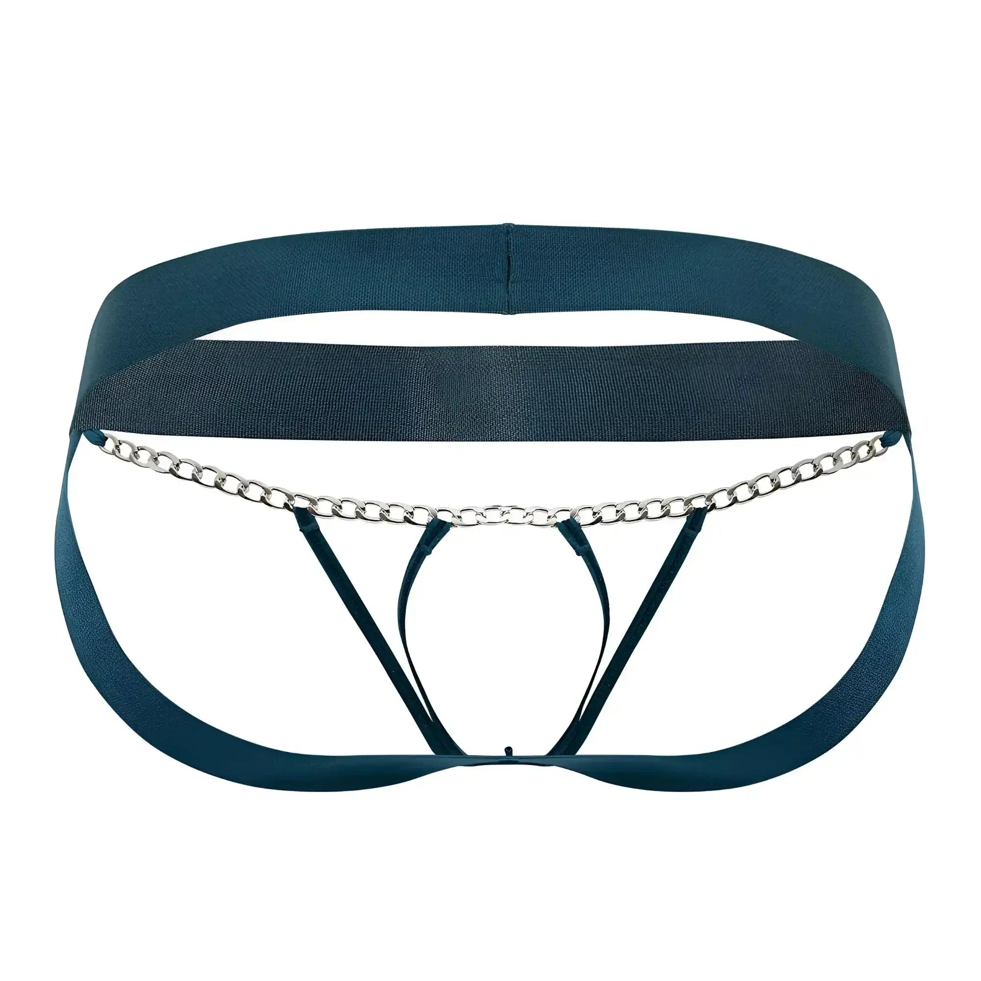 Roger smuth rs086 jock-thong green brief with dark teal elastic waistband and silver chain detail front view
