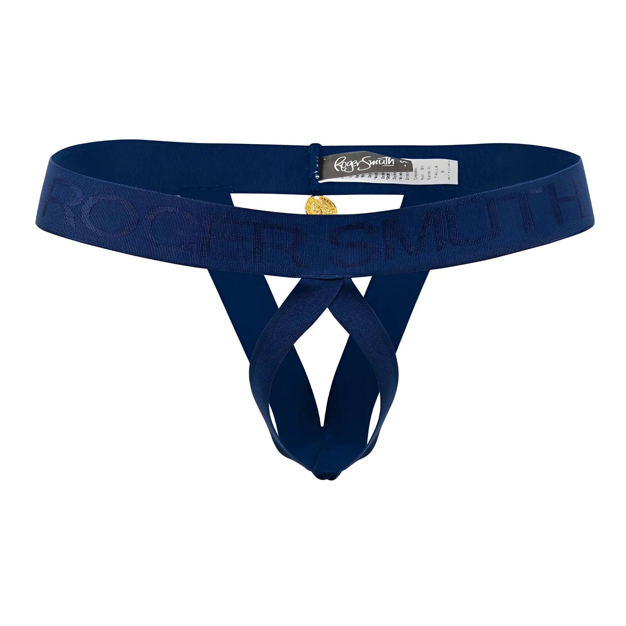 Deep navy blue elasticated thong ball lifter with embossed roger smith logo and gold-tone charm front detail