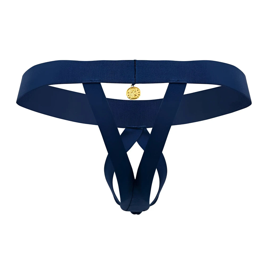 Navy blue elasticated thong ball lifter with gold toned circular charm at center by Roger Smuth RS087