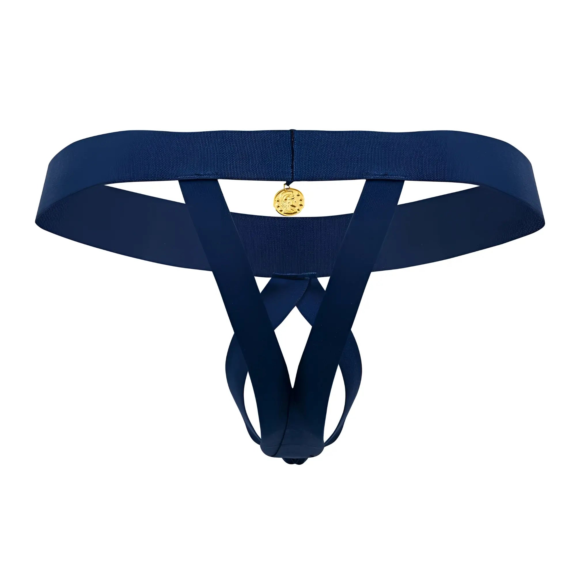 Navy blue elasticated thong ball lifter with gold toned circular charm at center by Roger Smuth RS087