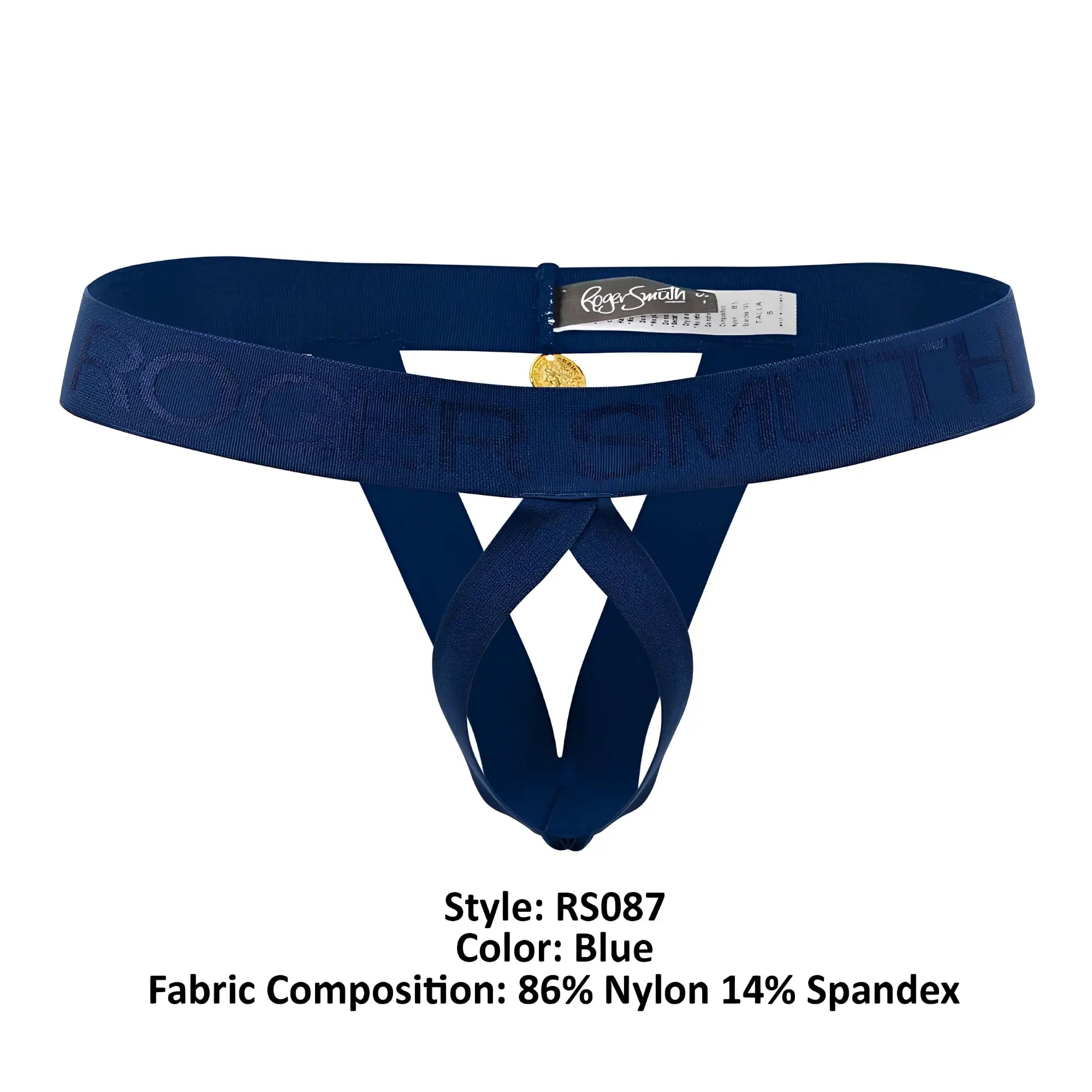 Navy blue Roger Smuth RS087 men’s thong with subtle embossed logo and gold-tone metallic clasp for ball lifting