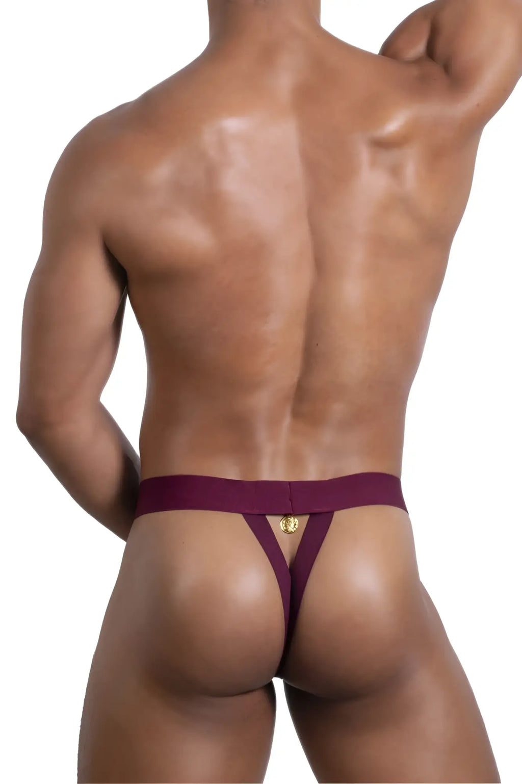 Roger Smuth RS087 ball lifter in burgundy maroon thong with gold-colored emblem at center waistband