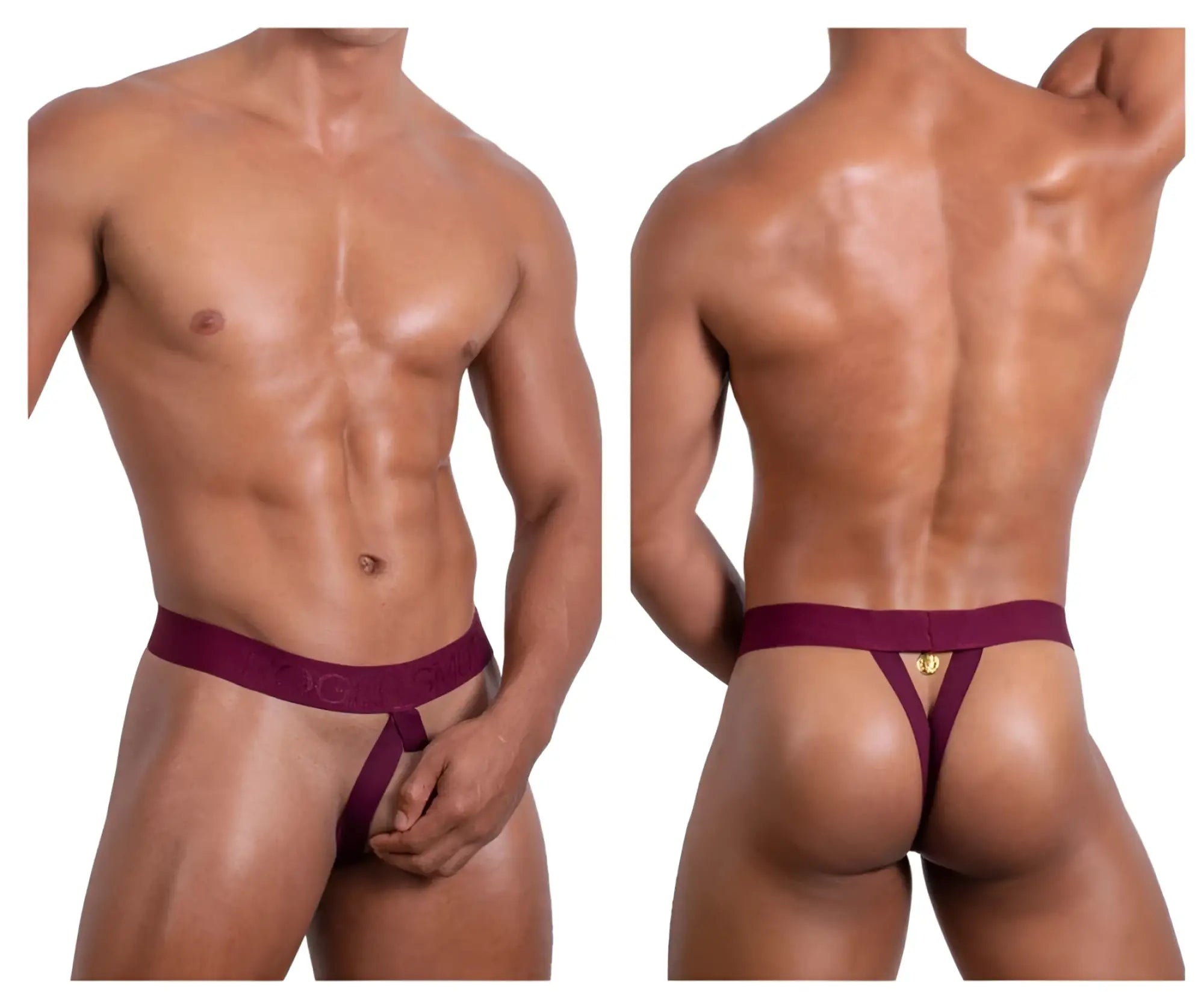 Maroon roger smuth rs087 ball lifter thong with gold logo on the back for comfortable support