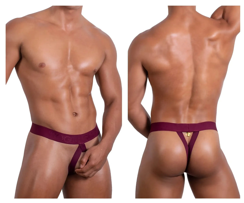 Maroon roger smuth rs087 ball lifter thong with gold logo on the back for comfortable support