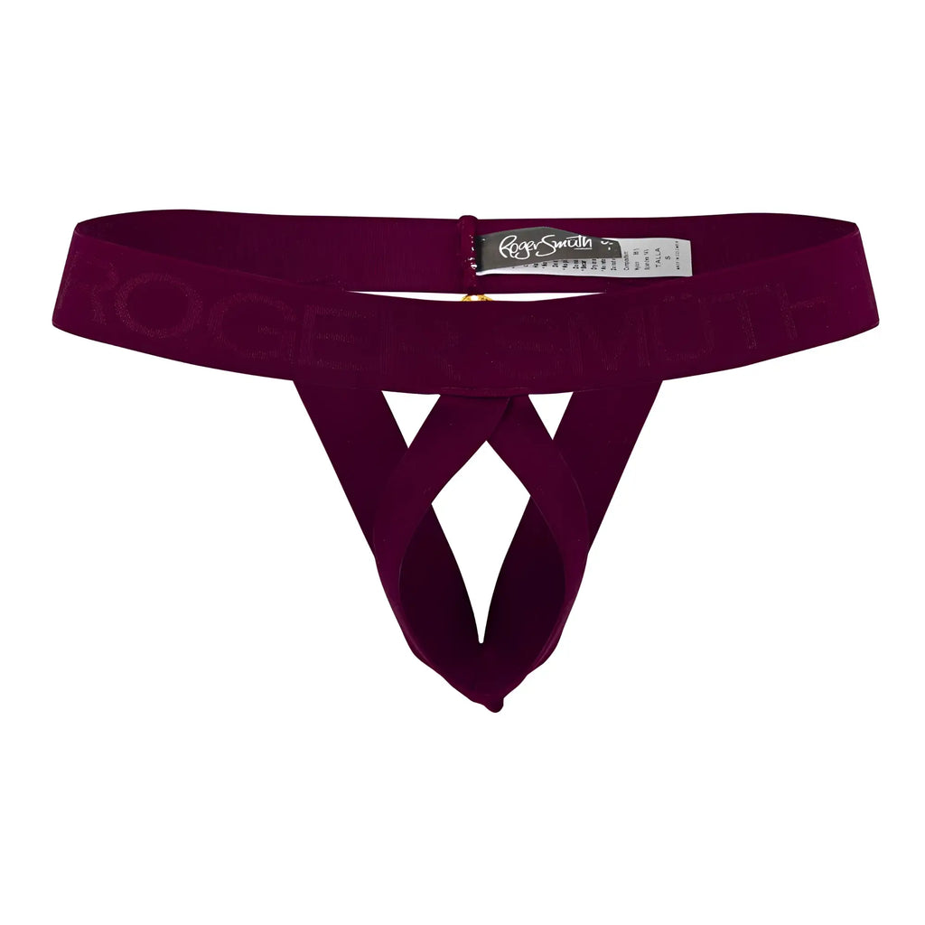 A maroon velvet thong ball lifter with crisscross design and rogersmith embossed waistband in burgundy color