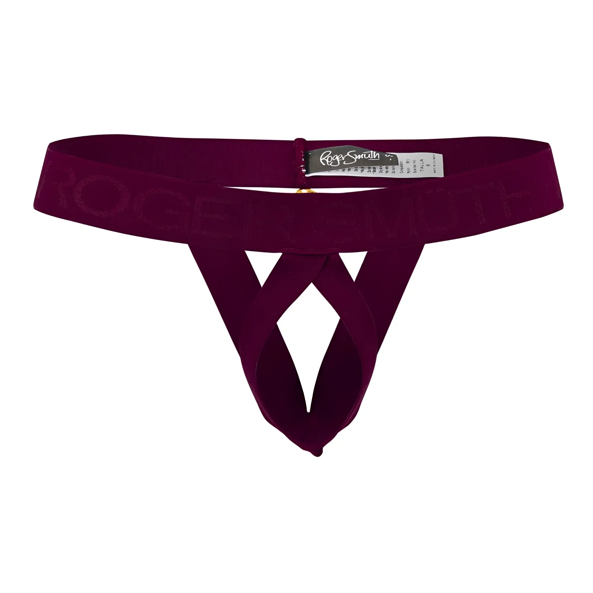A maroon velvet thong ball lifter with crisscross design and rogersmith embossed waistband in burgundy color
