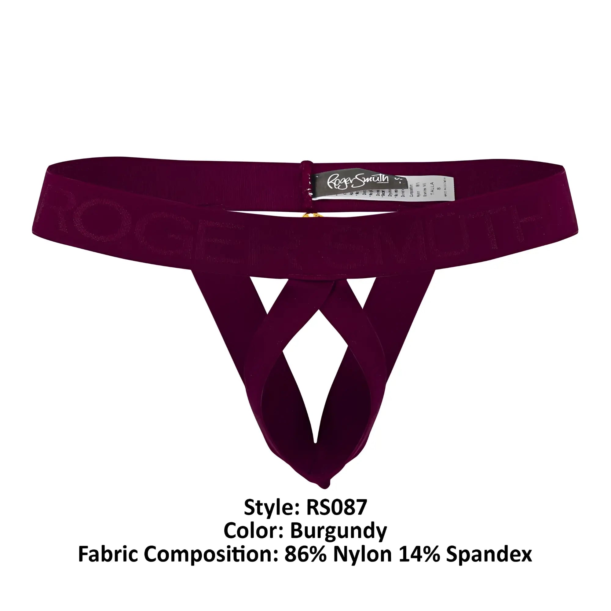 Bourgundy velvet thong with subtle roger smith logo woven in elastic waistband for comfortable ball lifting