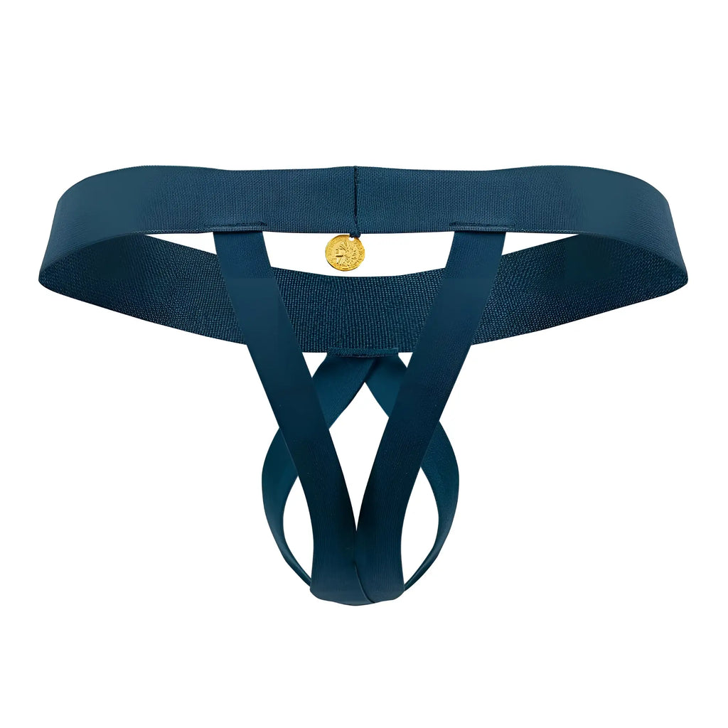 Dark blue elasticated thong with gold circular emblem at center from roger smuth rs087 ball lifter green collection