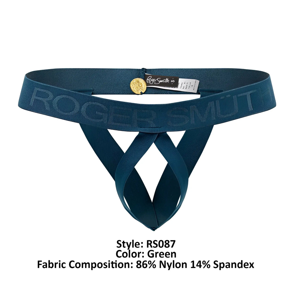 Roger smith rs087 teal thong with gold-tone coin buckle made of 86% nylon 14% spandex for ball lifting