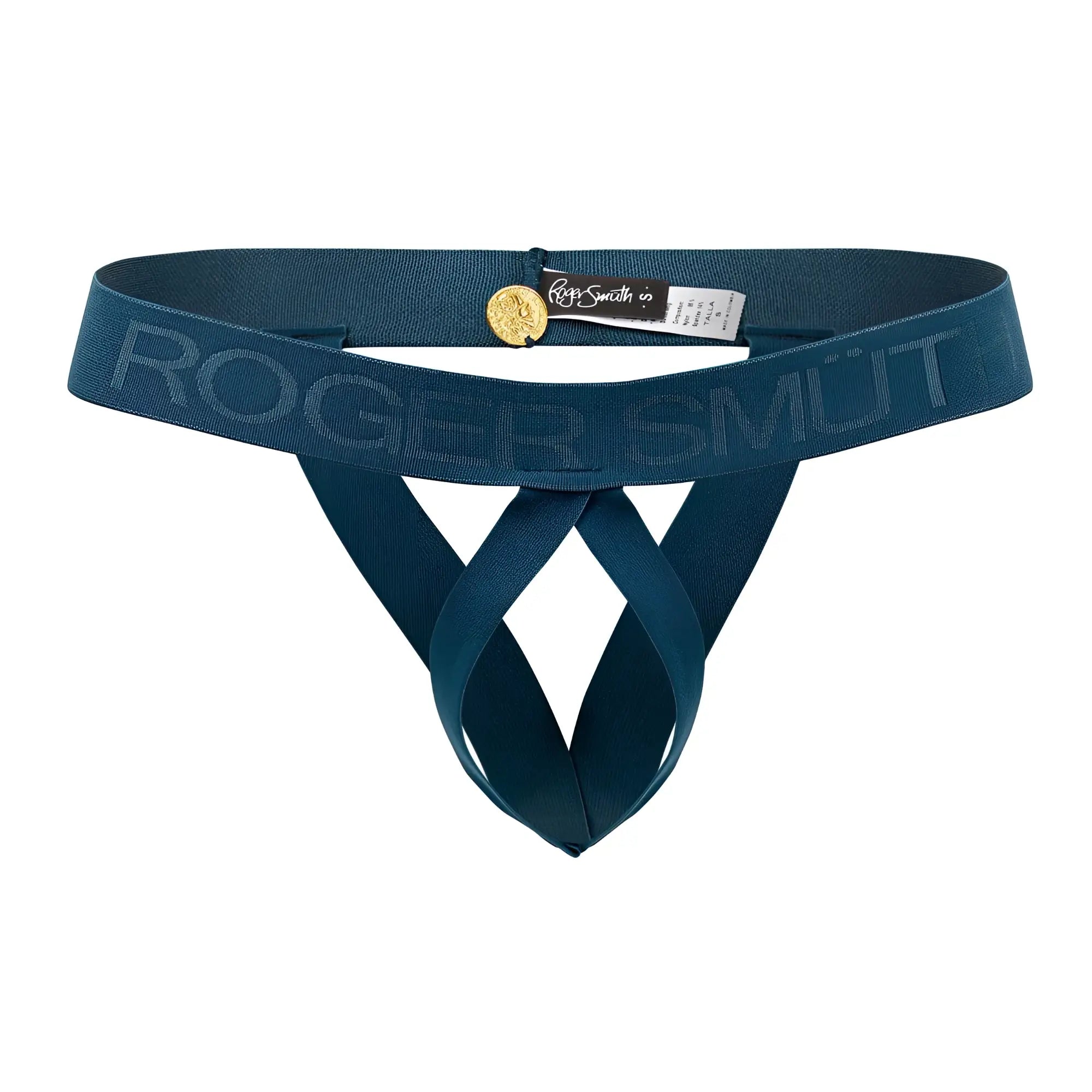 Teal roger smith brand thong with gold-tone circular logo and embossed branding on the elastic band in green color
