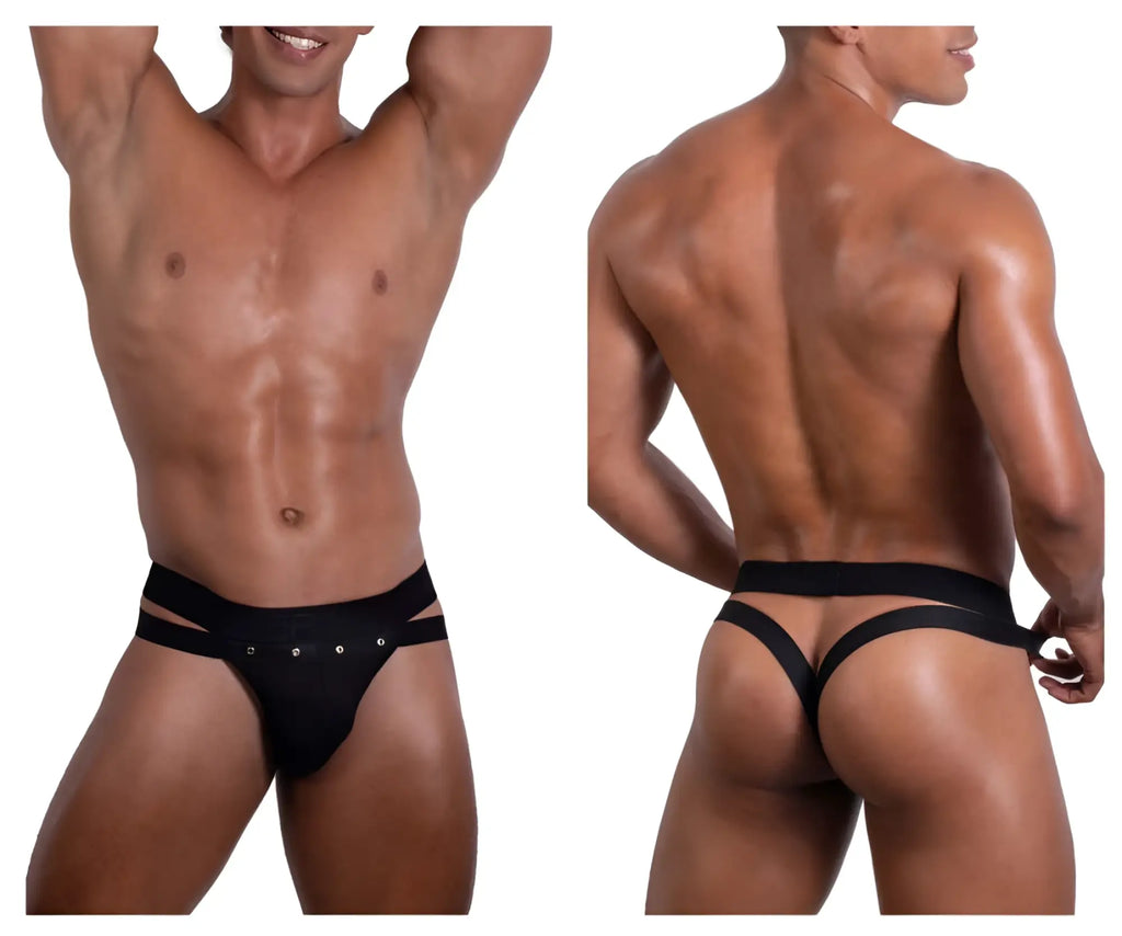 Black roger smuth rs088 jock-thong briefs with sleek form-fitting design and decorative silver studs on the side