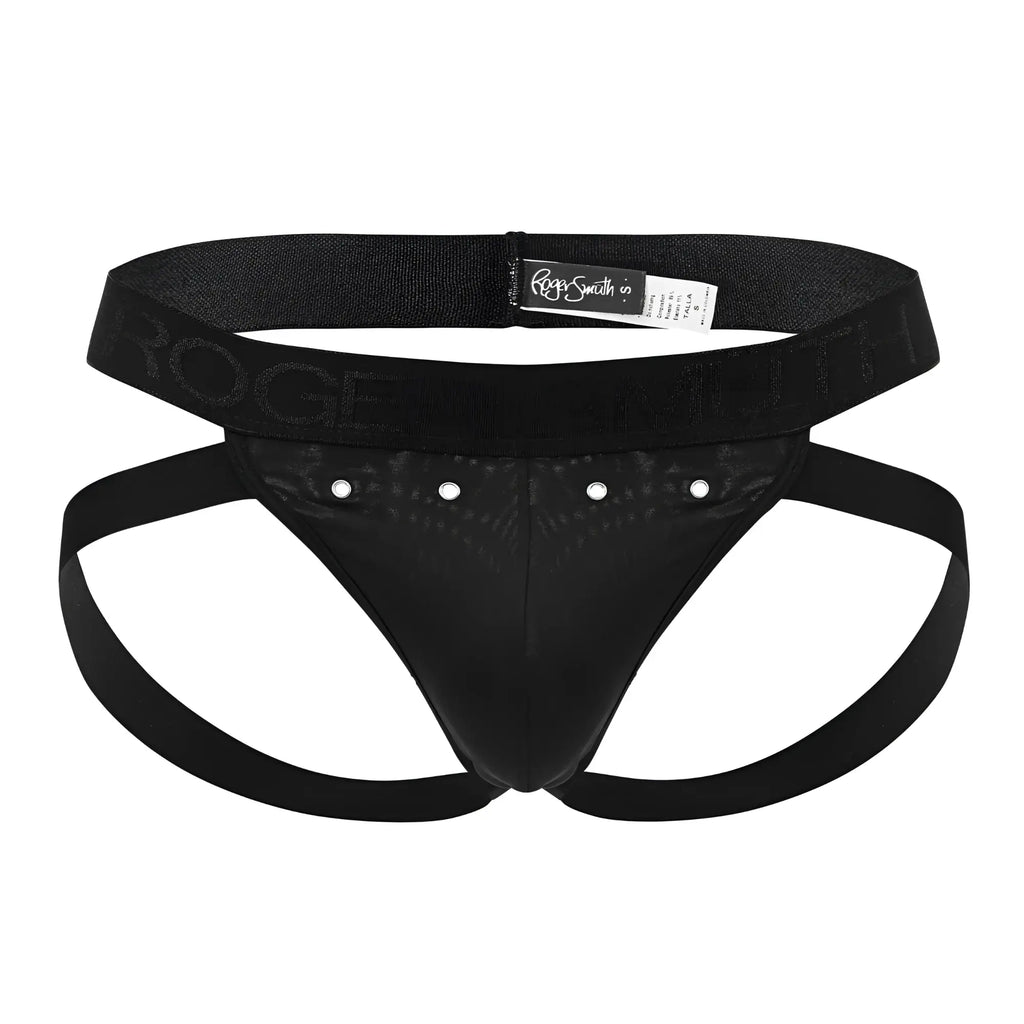 Black roger smith rs088 jock-thong with textured front panel and silver-toned studs in black color