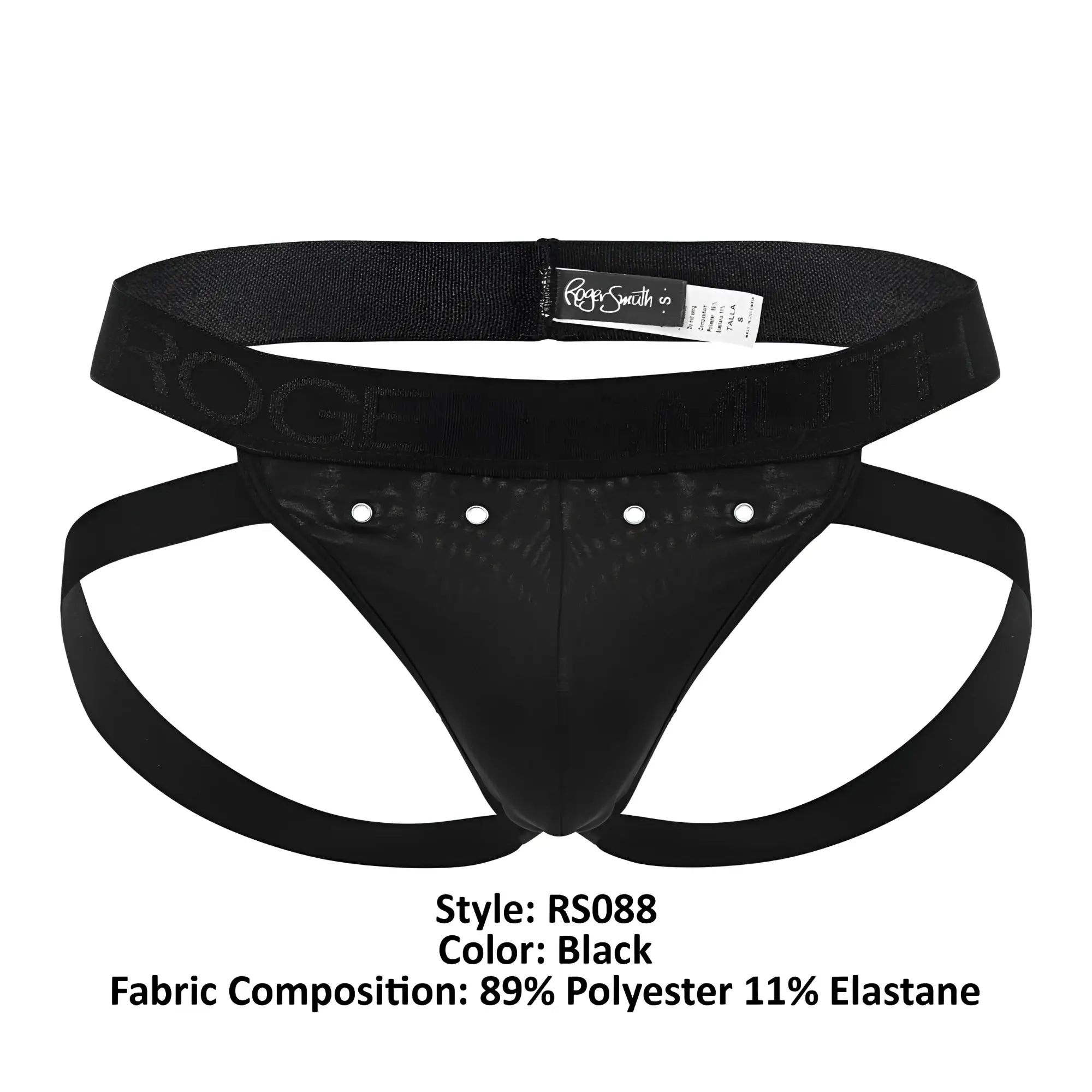 Black roger smith rs088 men’s briefs with textured waistband made of 89% polyester and 11% elastane in jock-thong style