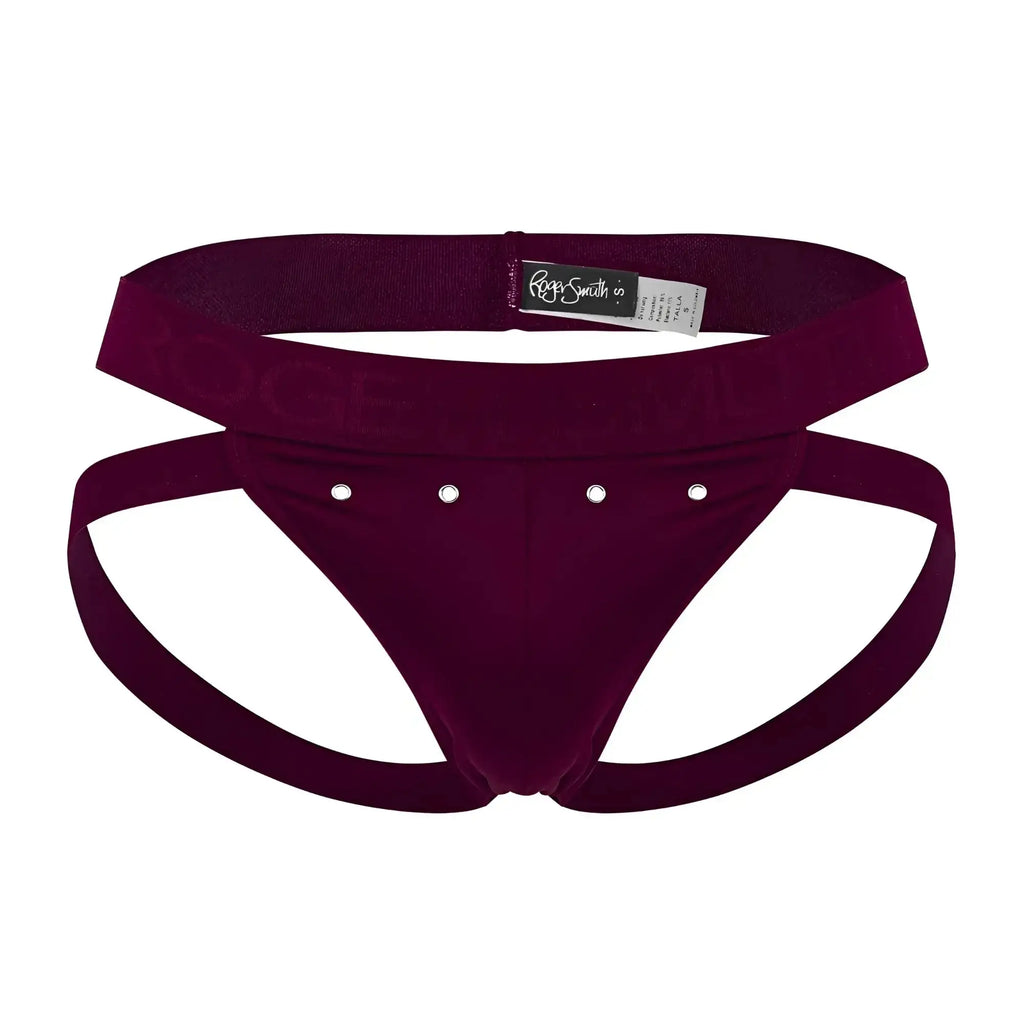 Maroon velvet athletic briefs with silver studs and a roger smuth branded elastic waistband in burgundy